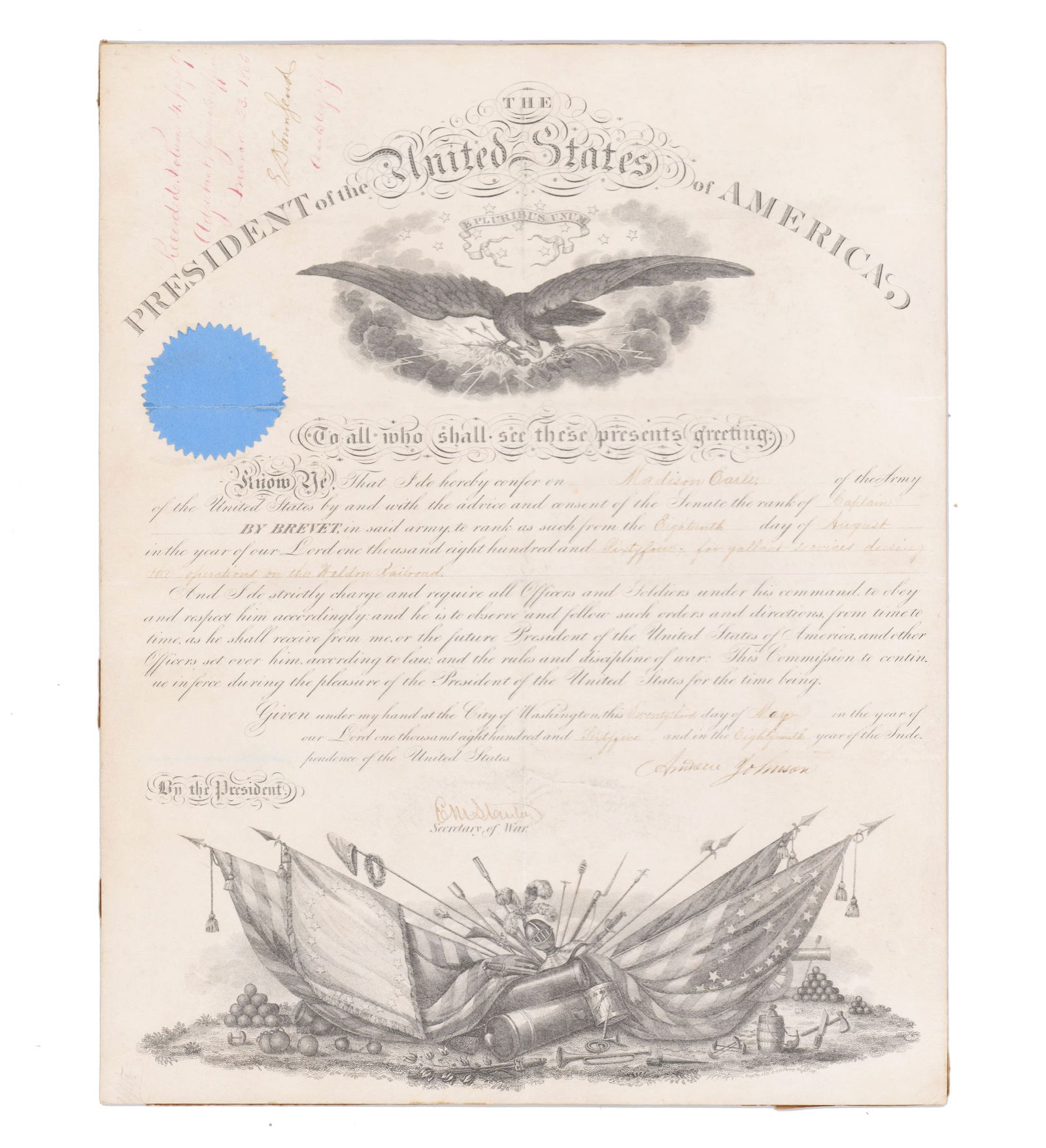 A. Johnson Signed Appointment for "gallant services" During Battle of Weldon RR (1 of 3)