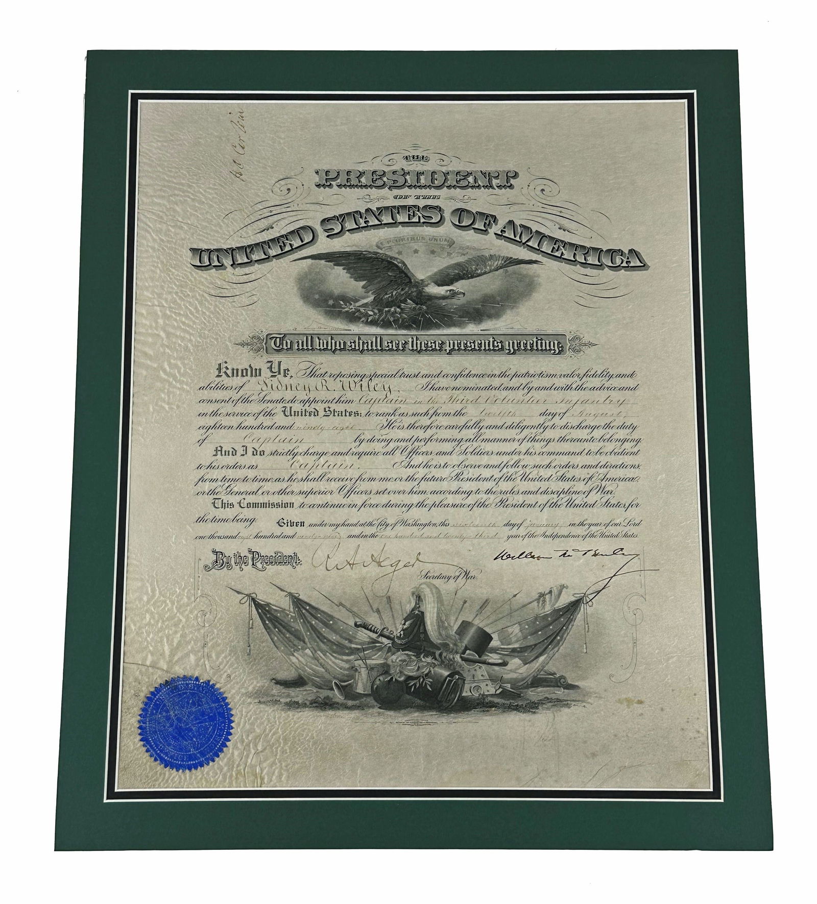 William McKinley Signed Military Appointment, 1899 (1 of 2)