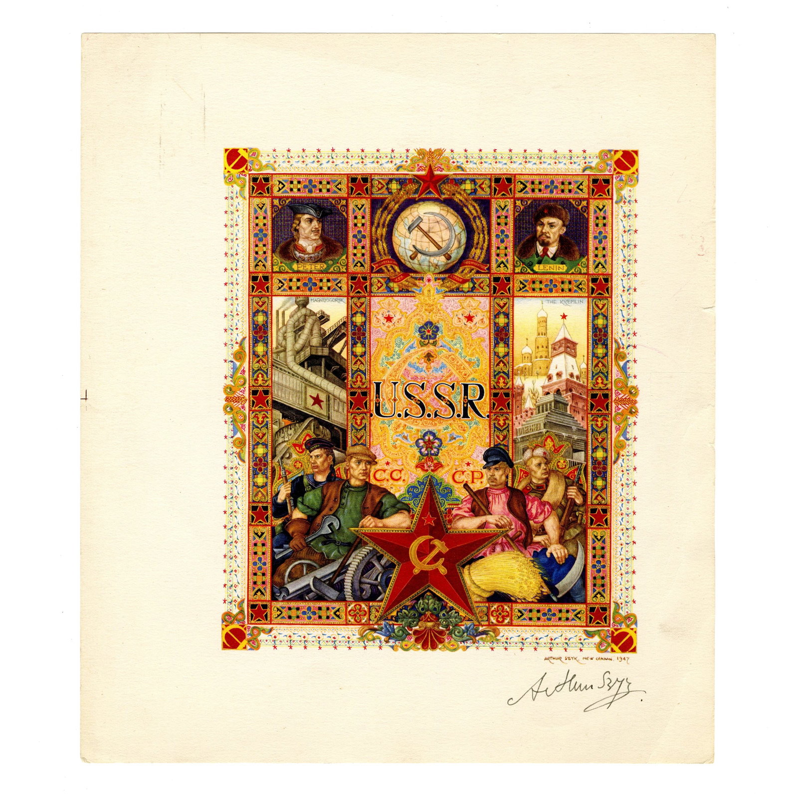 Arthur Szyk Signed Print of The Visual History of the USSR: Arthur Szyk Signed Print of The Visual History of the USSR A signed print of Arthur Szyk's "Visual History of Nations, The USSR." Measuring 10.5" x 11.5", New Canaan, dated 1947. Signed "Arthur Szyk"