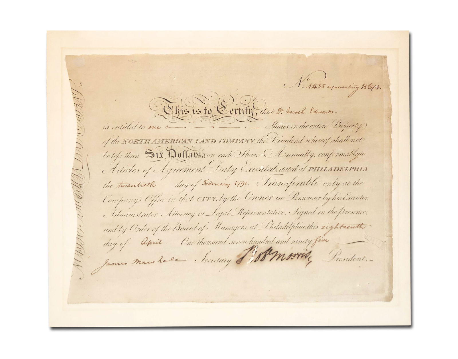 Robert Morris Signs Stock Certificate 3 Years Before Debtor’s Prison: Robert Morris Signs Stock Certificate 3 Years Before Debtor’s Prison Partially Printed Document Signed, "Robt Morris", as president, 1p, 12.5" x 9.75", Philadelphia, April 18, 1795, a North
