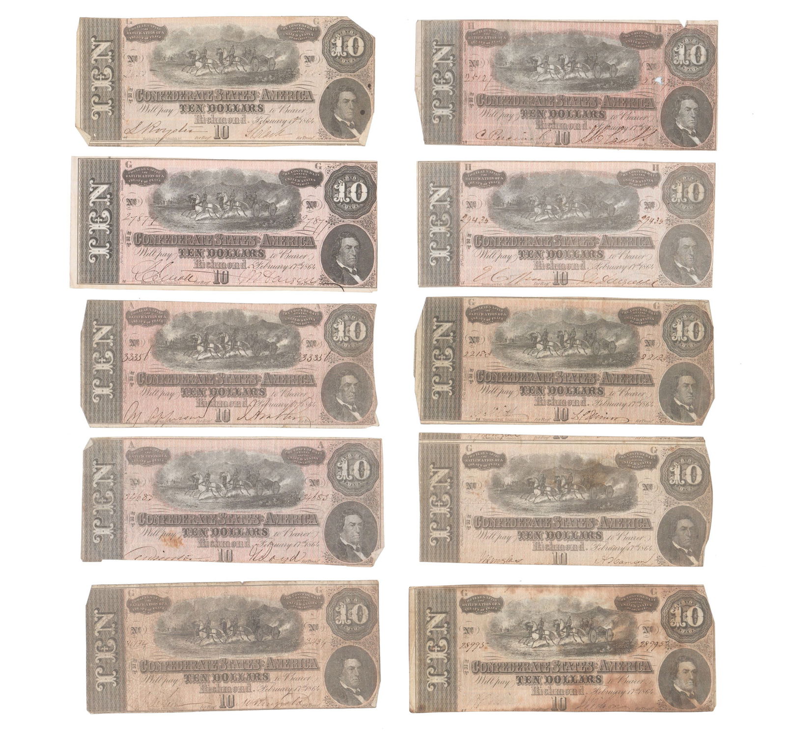 Ten Confederate States of America $10 Bank Notes, All War-Dated (1 of 2)