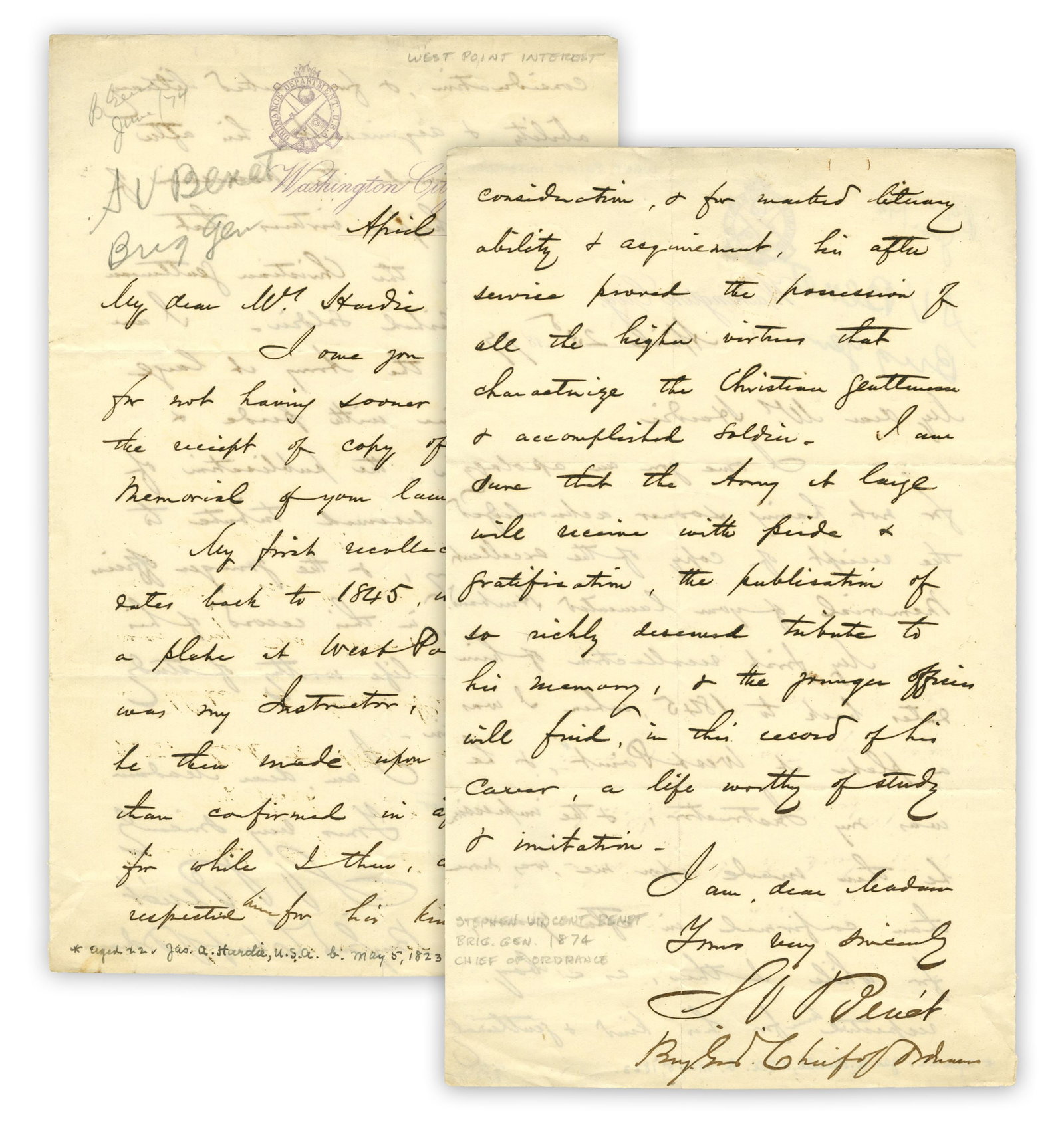 The First Floridian Cadet at West Point, S.V. Benét 1877 ALS (1 of 4)