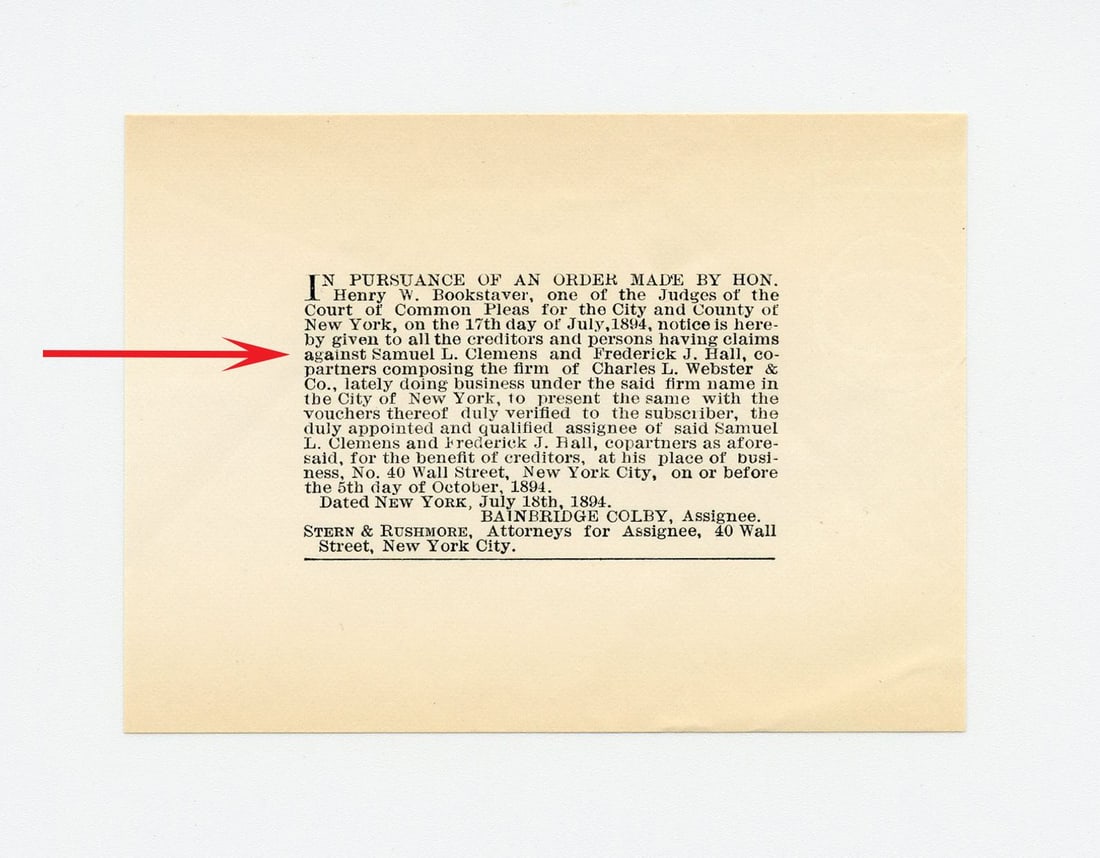 Samuel Clemens's Bankruptcy Proceedings Announced in 1894 Circular to Publishing Firm Subscribers (1 of 5)