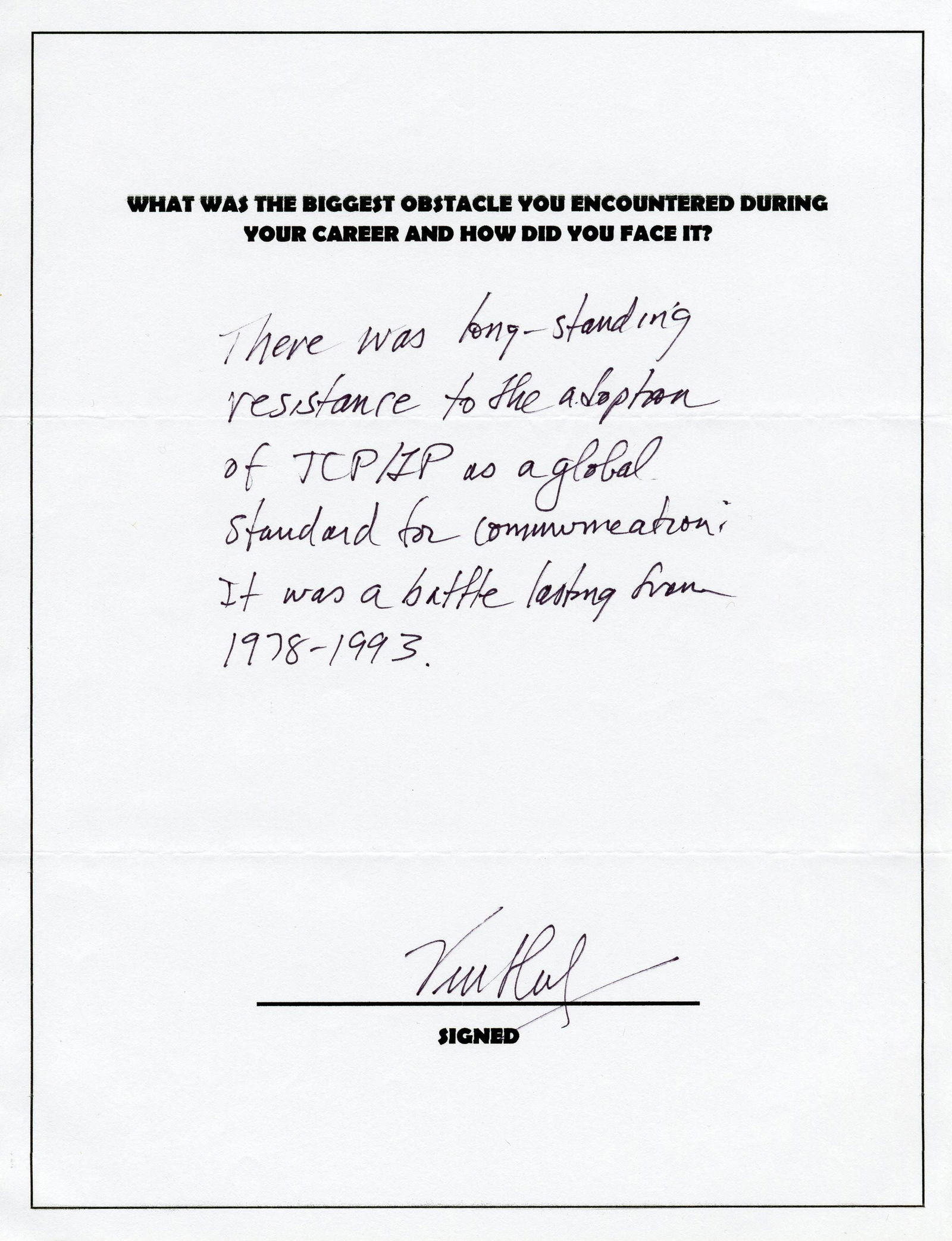 Vinton Cerf AES Identifying His Biggest Obstacle: the TCP/IP "battle lasting from 1978-1993" (1 of 2)