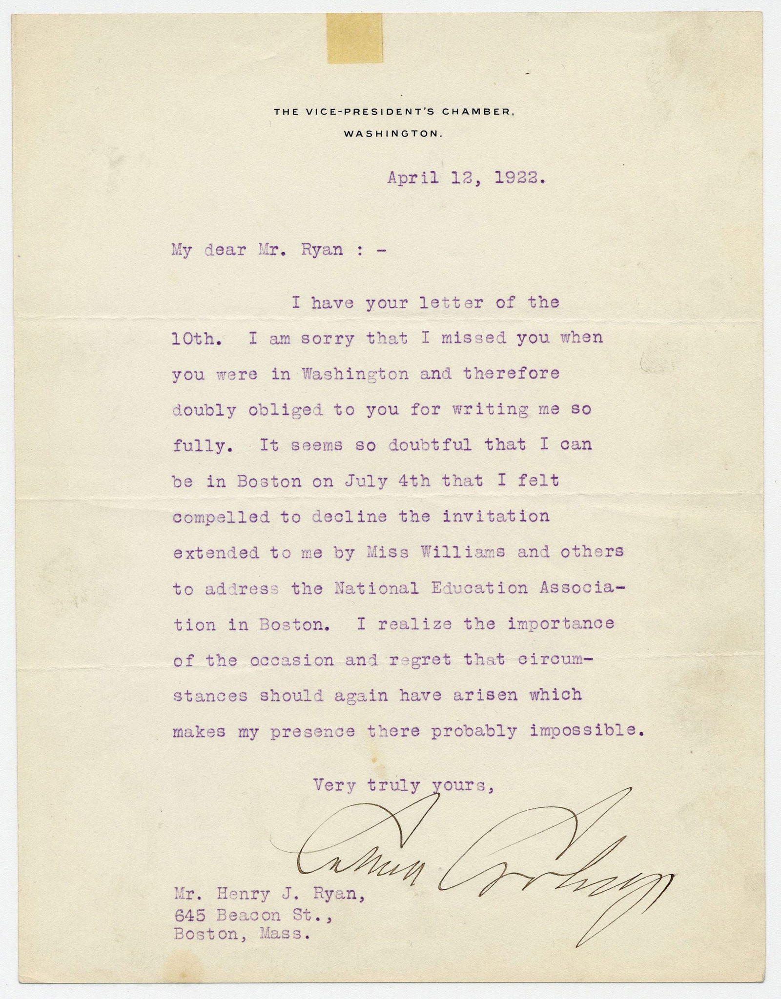 Calvin Coolidge VP TLS to American Legion's Americanism Commission Director (1 of 3)