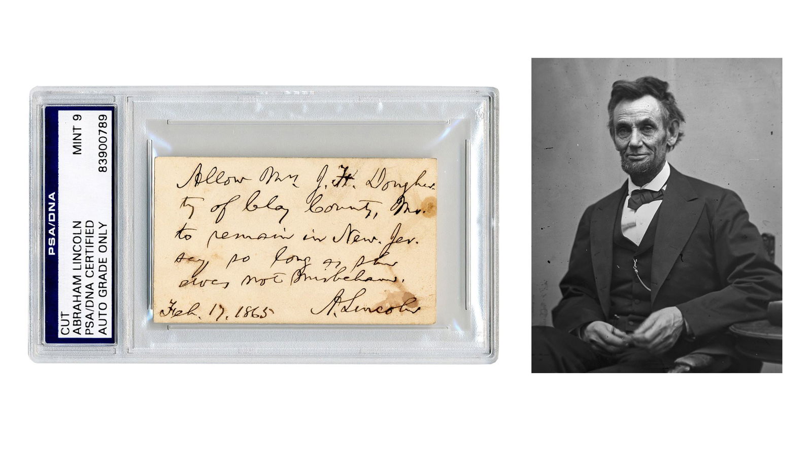 Abraham Lincoln PSA MINT 9 Civil War-Dated Pass to Banished Confederate War Widow  (1 of 6)