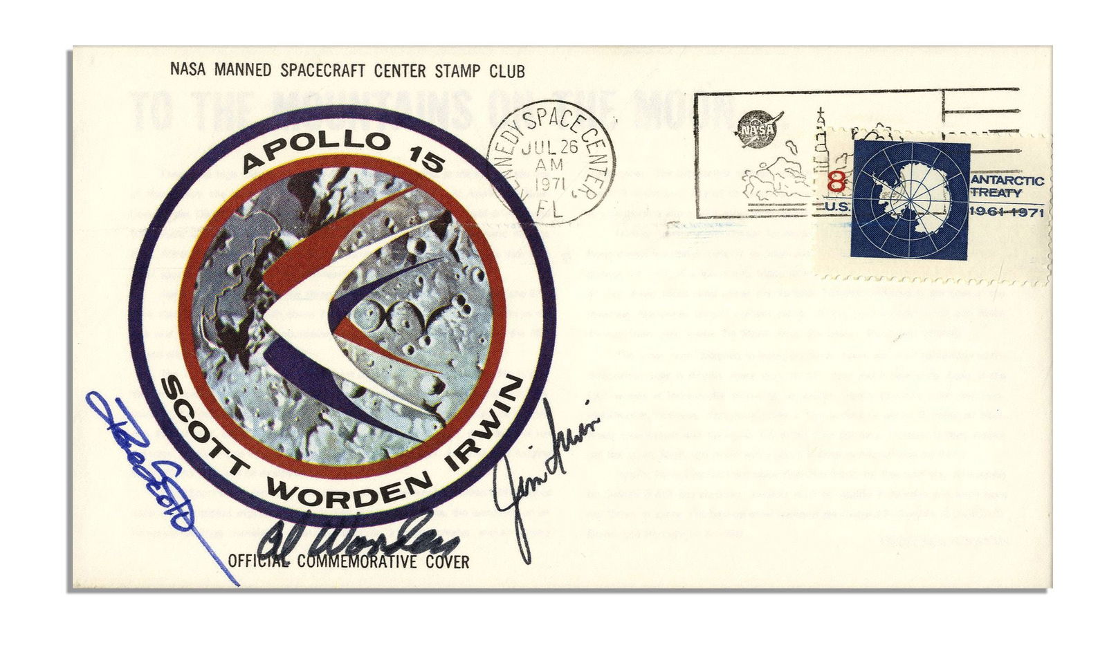 Apollo 15 Crew Signed Rare NASA Insurance Cover From Worden's Personal Collection (1 of 3)