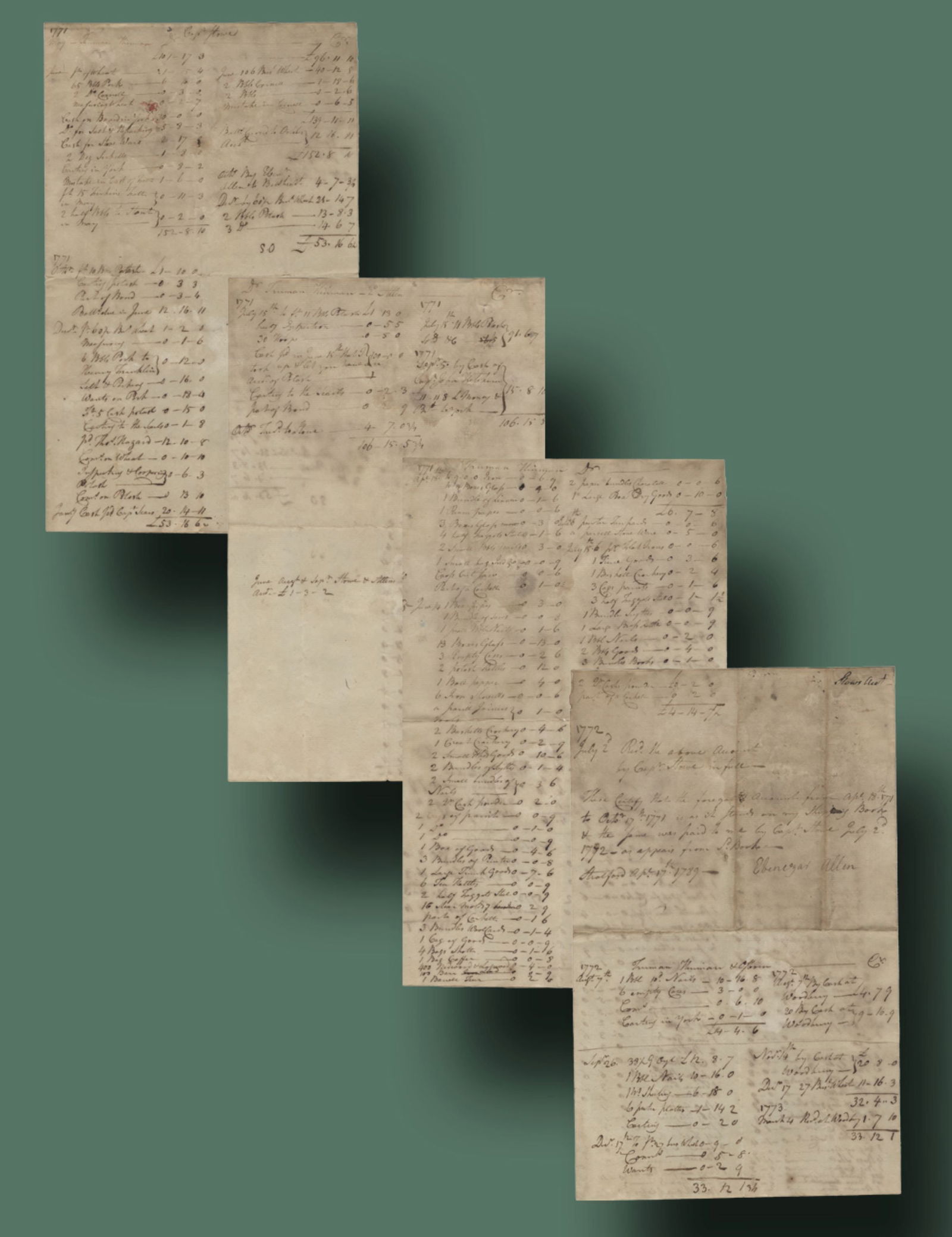 Ethan Allen's Supplies to Establish Town Signed by His Brother Ebenezar Allen Great Vermont History: Ethan Allen's Supplies to Establish Town Signed by His Brother Ebenezar Allen Great Vermont History Fine content Autograph Document Signed "Ebenezar Allen," 4pp., 11.5" x 7", Stratford, April 17, 1789