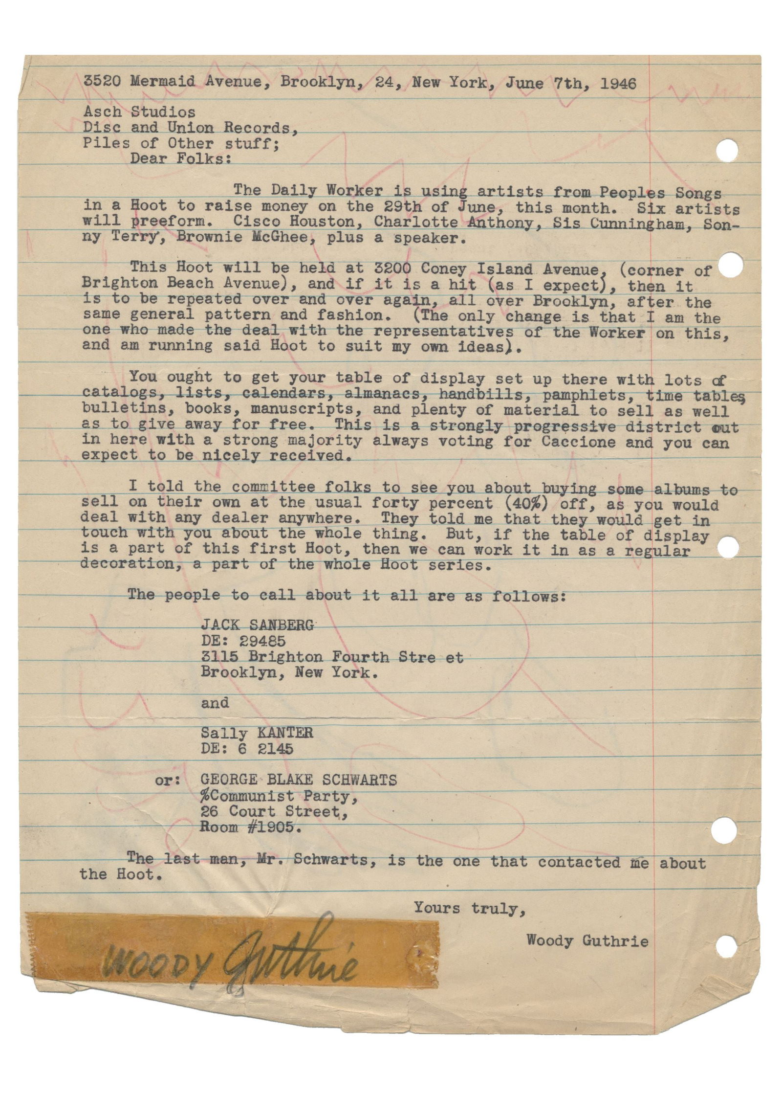 Woody Guthrie TLS to Asch Studios Regarding the Hoot Folk Festival (1 of 2)