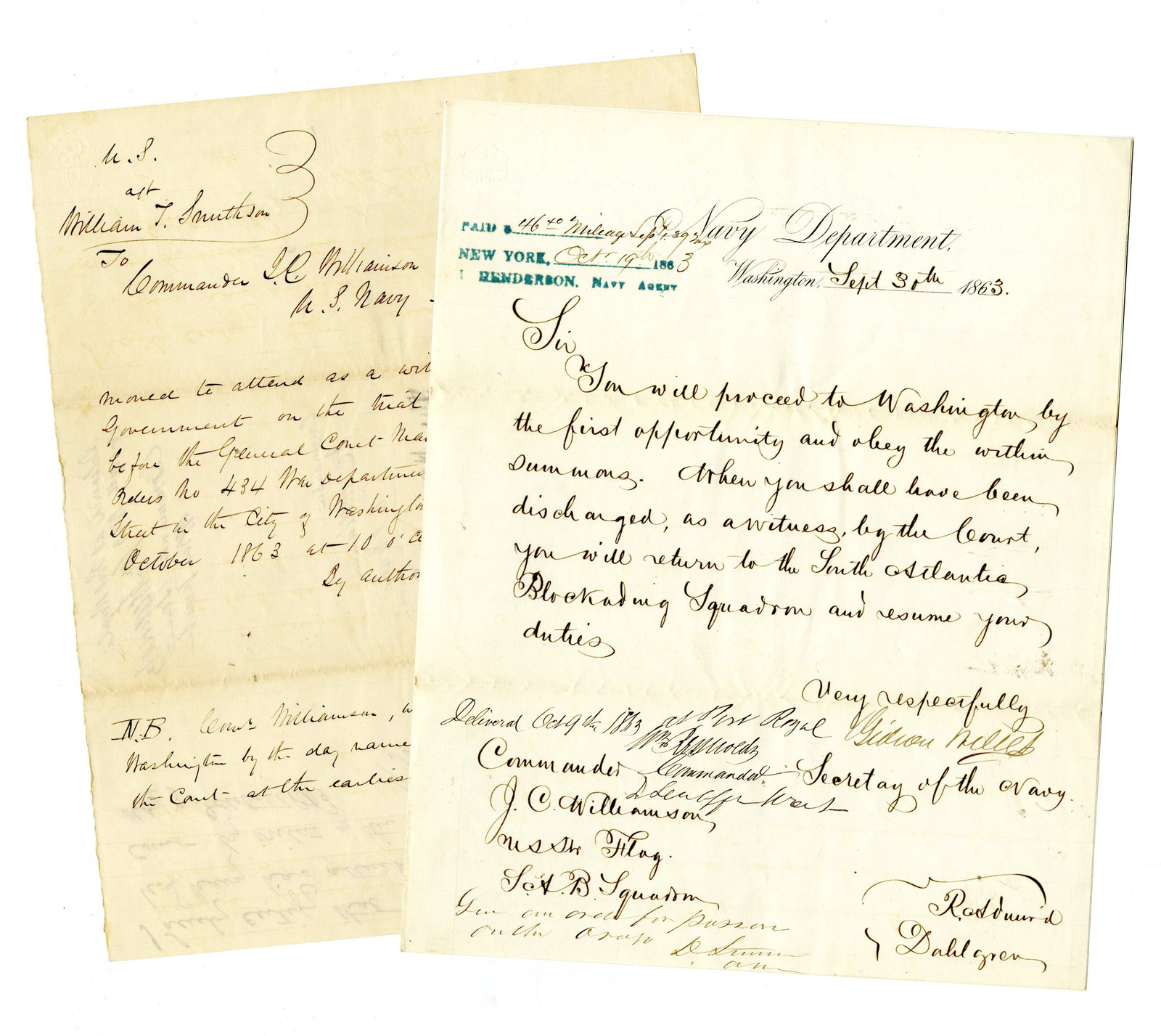 Two 1863 Court Martial Summons Letters to Naval Officer JC Williamson: Two 1863 Court Martial Summons Letters to Naval Officer JC Williamson A pair of Civil War court-martial summons letters addressed to naval officer John C. Williamson.Both have flattened mail folds, li