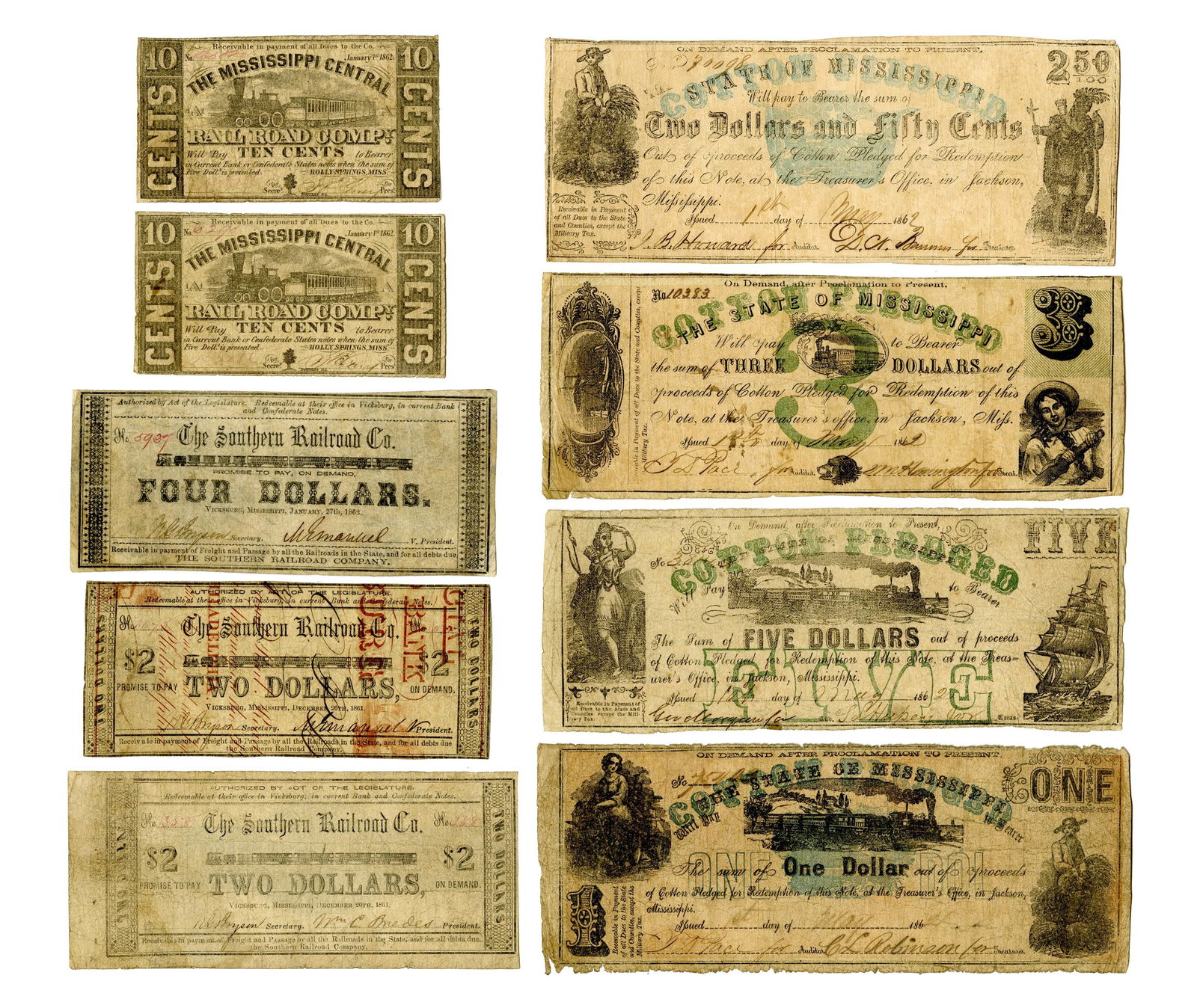 Nine Confederate Mississippi Bank Notes, All War Dated & Varying Denominations  (1 of 1)