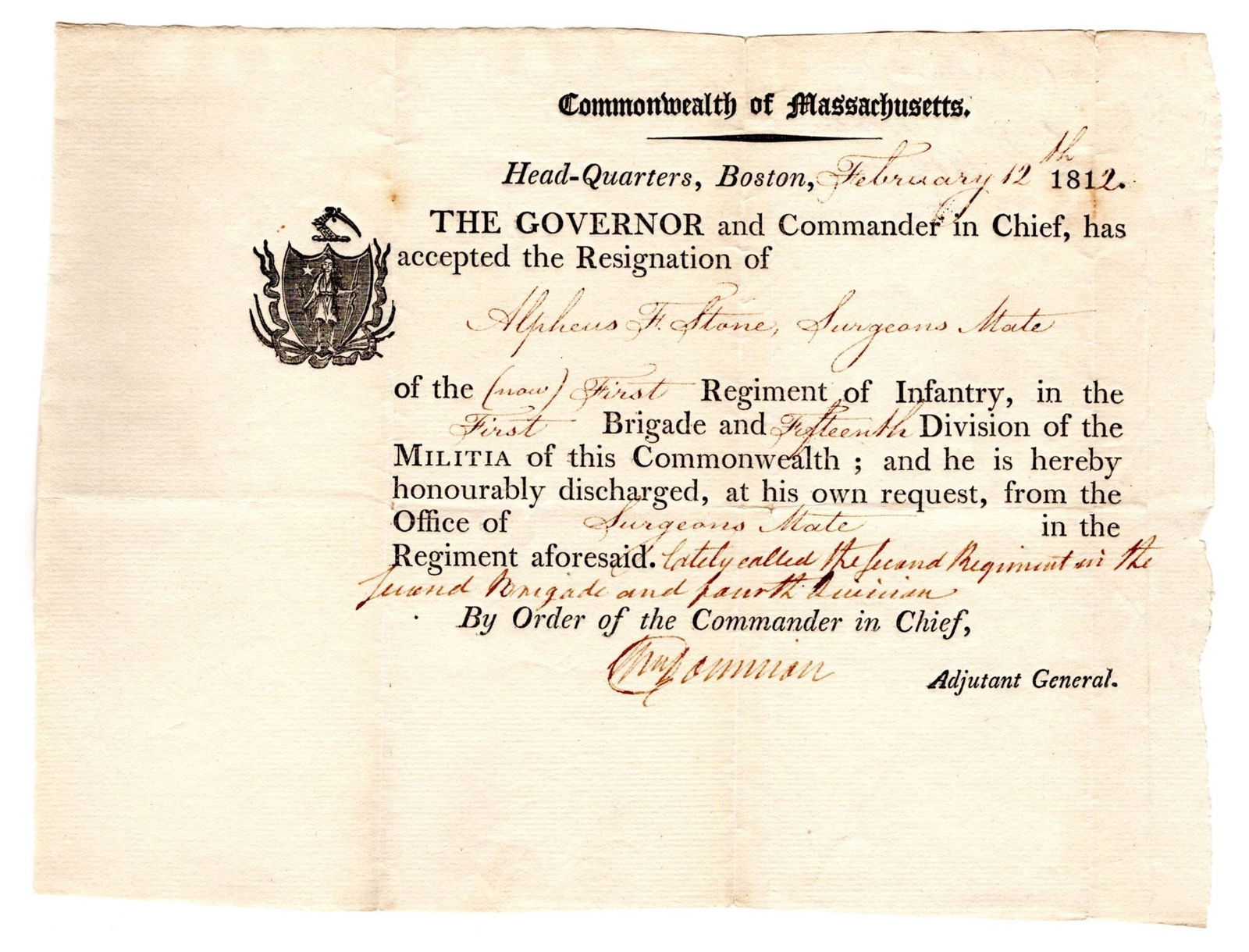 Massachusetts Governor Gerry Accepts Resignation of Surgeon's Mate Just Before War of 1812 (1 of 1)