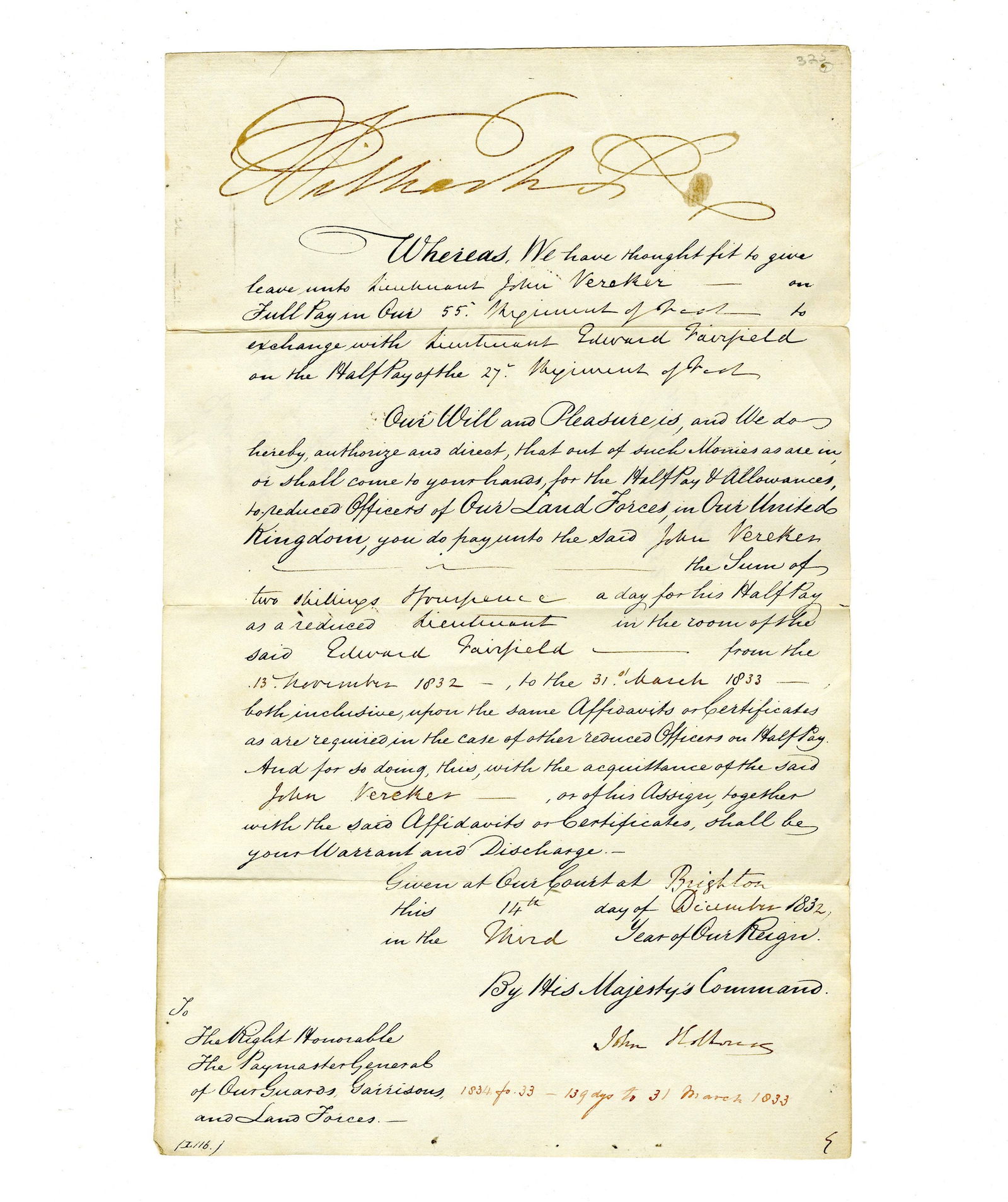 King William IV Signed Pay Order For Lieutenant's Leave (1 of 3)