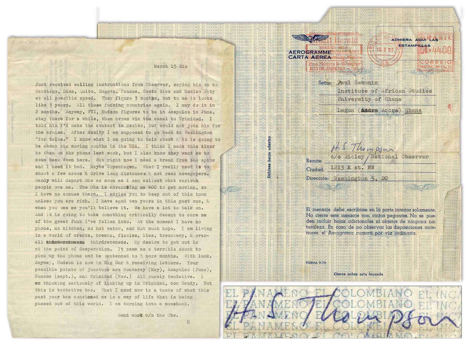 Hunter Thompson 1963 TLS From Brazil (1 of 3)