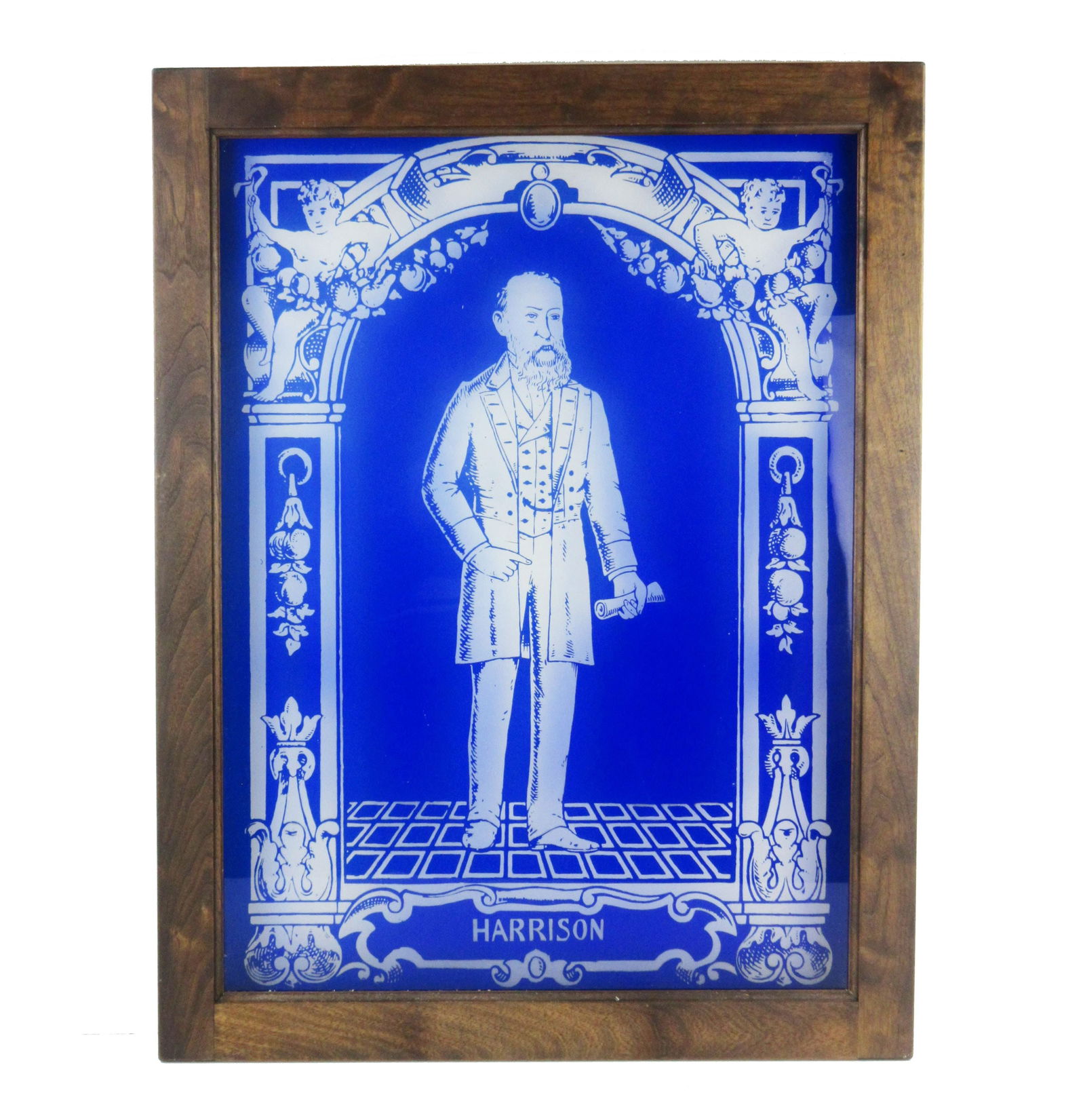 Benjamin Harrison Beautiful Blue Etched Glass Window, ca. 1890s: Benjamin Harrison Beautiful Blue Etched Glass Window, ca. 1890s A stunning etched glass window featuring the image of President Benjamin Harrison. Measuring 21.5" x 28.25" (sight), N.p., n.d. (ca.1890