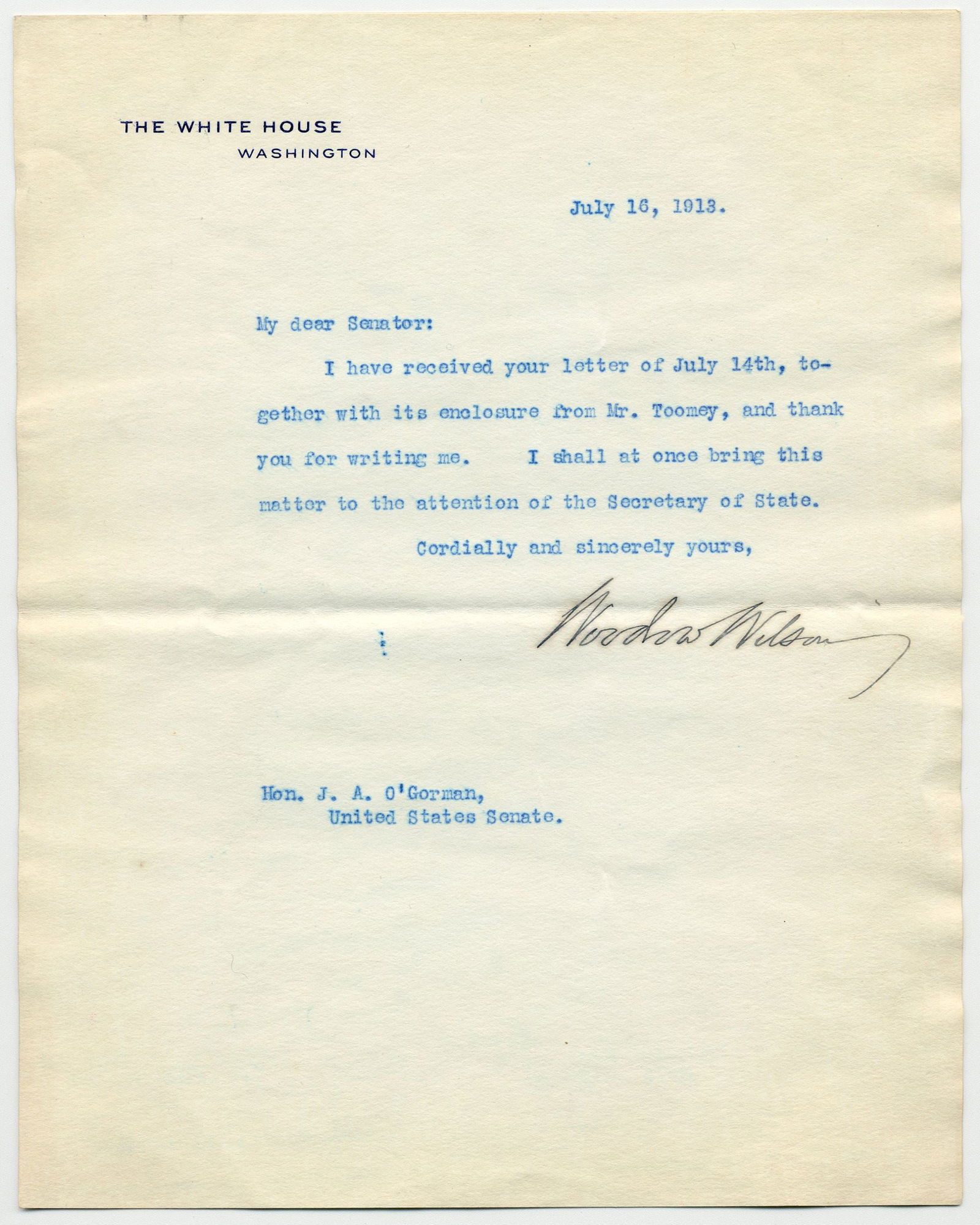 Woodrow Wilson TLS: "I shall at once bring this matter to the attention of the Secretary of State" (1 of 2)