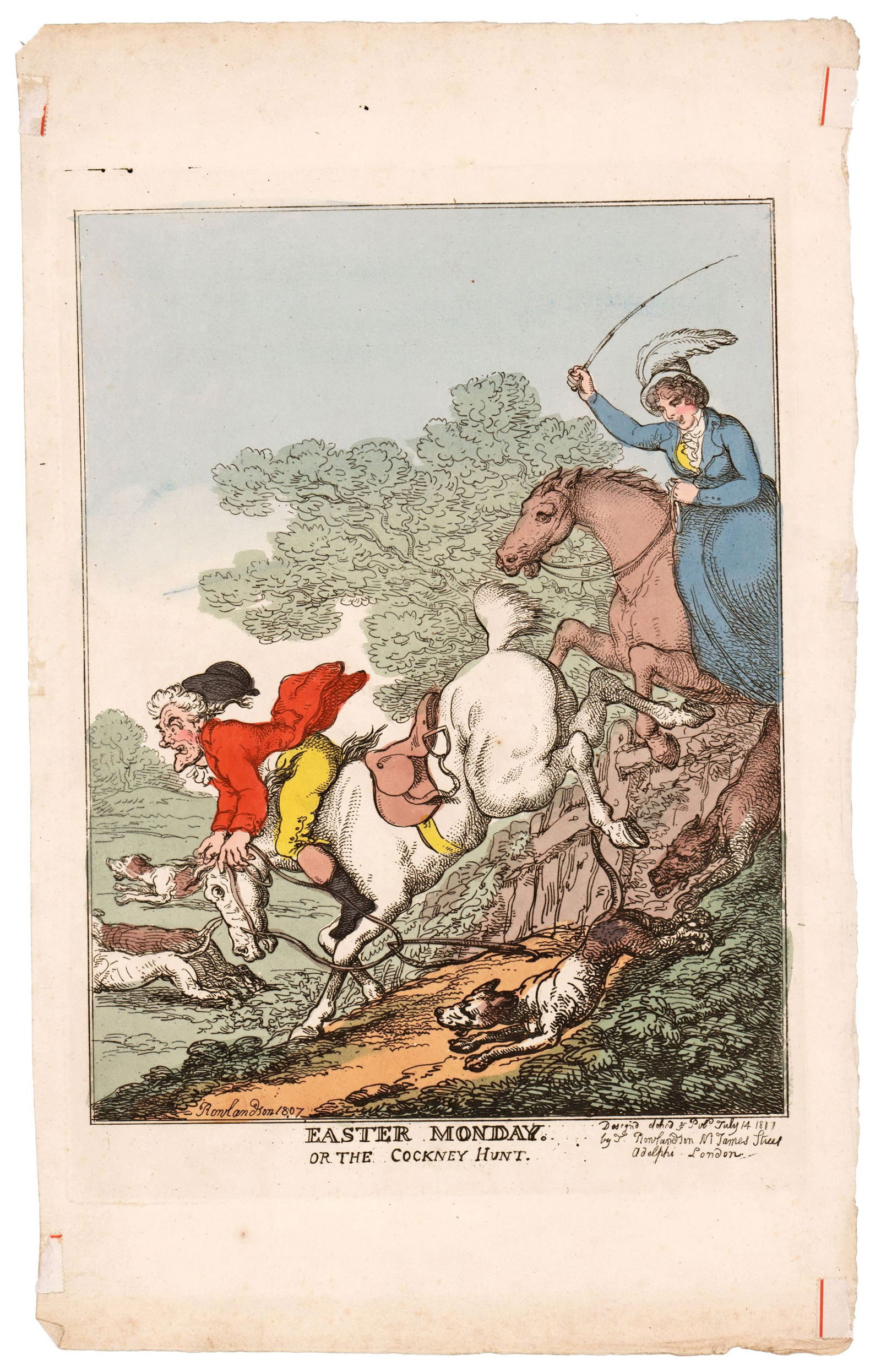 Thomas Rowlandson, Early 19th C. Hand-Colored Etching, "Easter Sunday, Or The Cockney Hunt" (1 of 4)