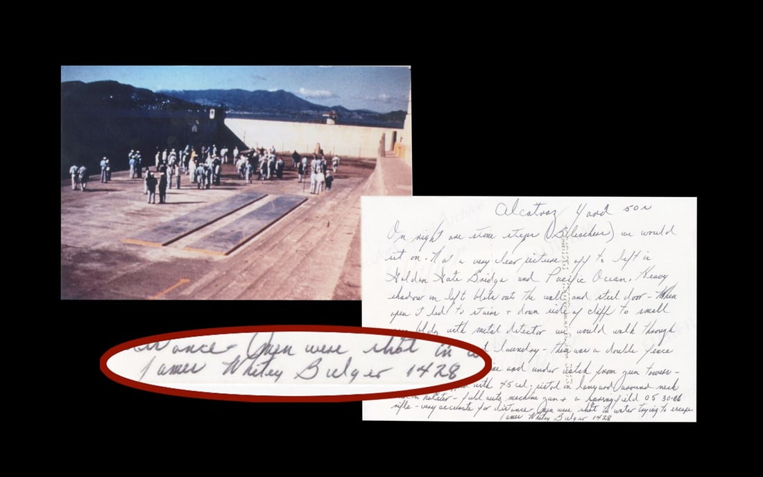 Whitey Bulger Signed Photograph with Lengthy Description of Alcatraz Prison Yard: Whitey Bulger Signed Photograph with Lengthy Description of Alcatraz Prison Yard Photograph Signed "James Whitey Bulger 1428" on verso with lengthy Autograph Note on verso describing the outdoor exerc