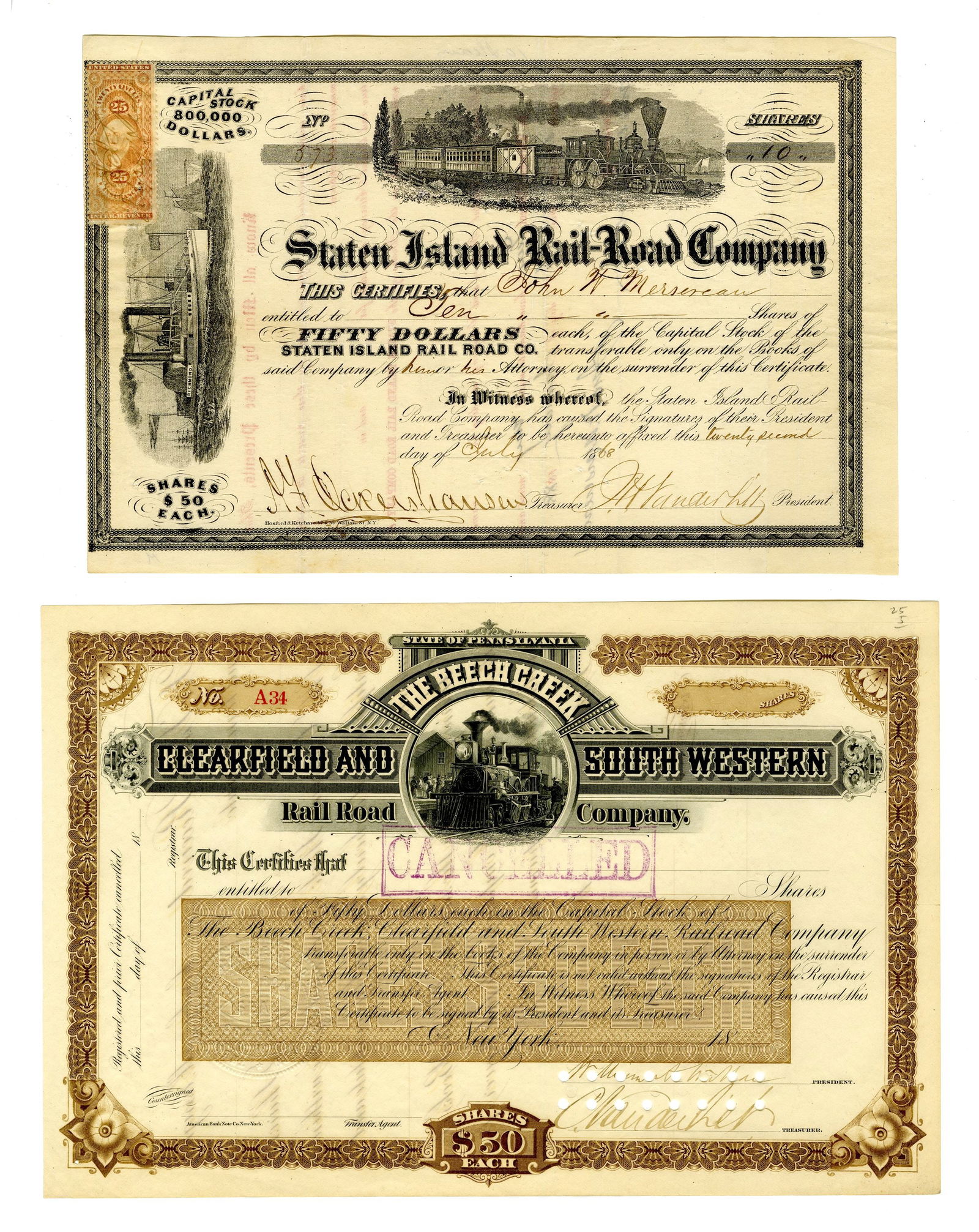 Two RR Stocks Signed by Cornelius Vanderbilt & Jacob H. Vanderbilt (1 of 6)