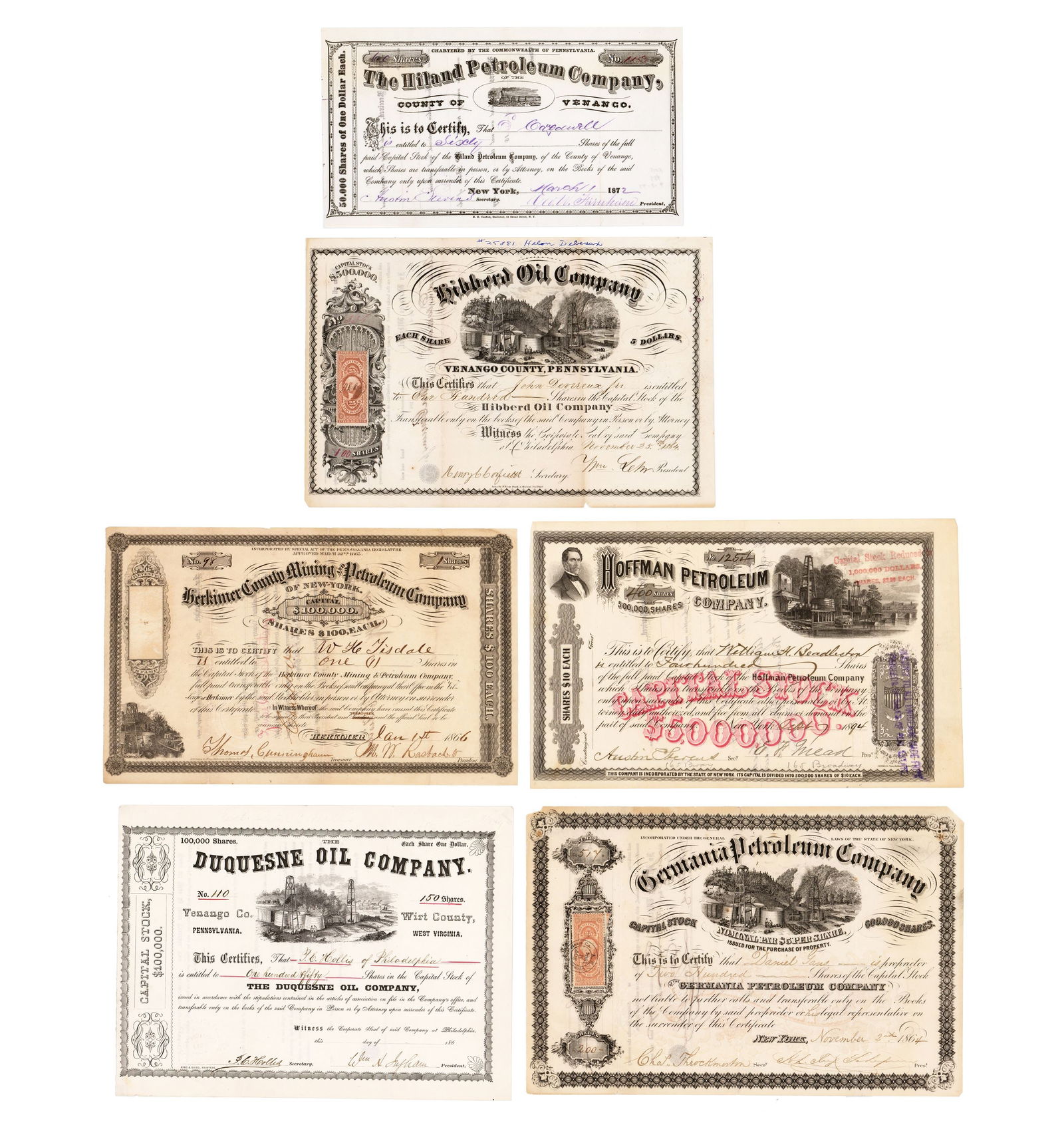 Six Stock Certificates from Civil War Era Oil Companies (1 of 3)