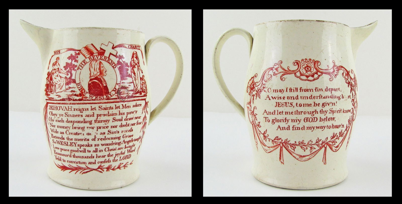 John Wesley Acrostic Transfer Print Creamware Milk Jug, Late 18th C.: John Wesley Acrostic Transfer Print Creamware Milk Jug, Late 18th C. A charming commemorative piece of John Wesley pottery depicting John Wesley (1703-1791), the founder of the Methodist movement. The