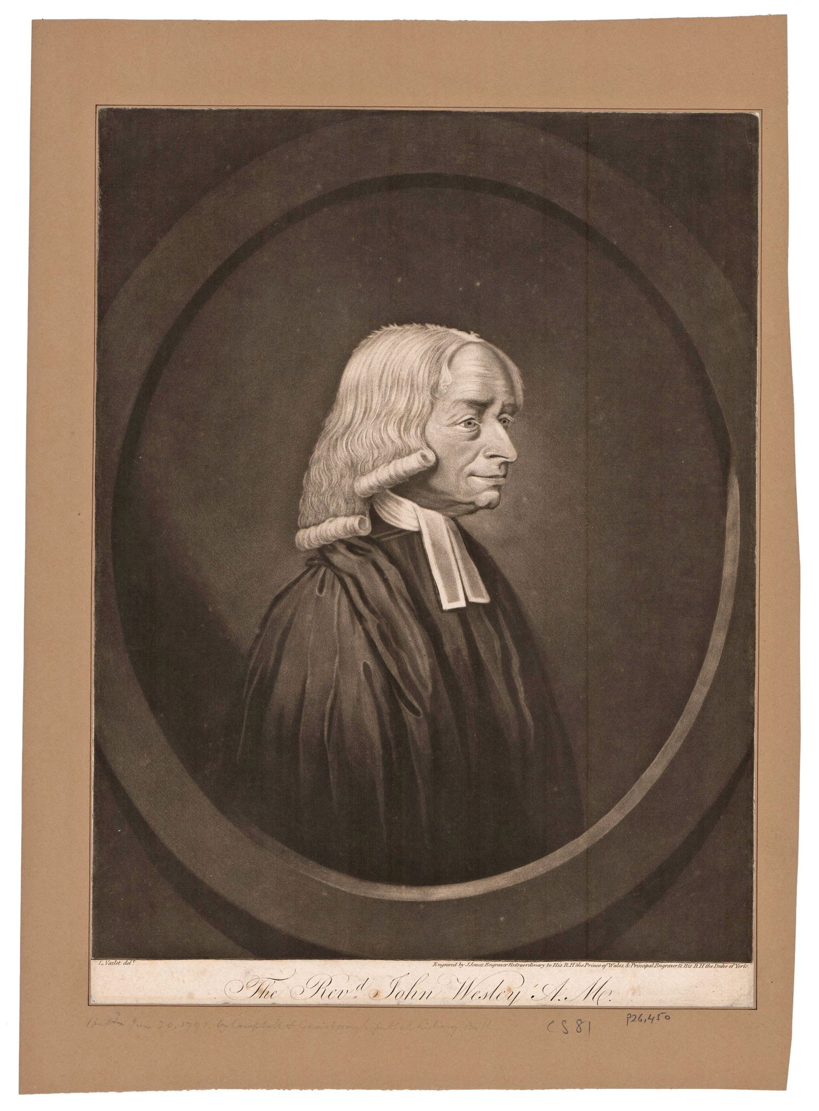 John Wesley 18th C. English Mezzotint Engraving Published 3 Months After Death: John Wesley 18th C. English Mezzotint Engraving Published 3 Months After Death A handsome mezzotint engraving of John Wesley (1703-1791), the founder of the Methodist movement, after Lewis Vaslet (174