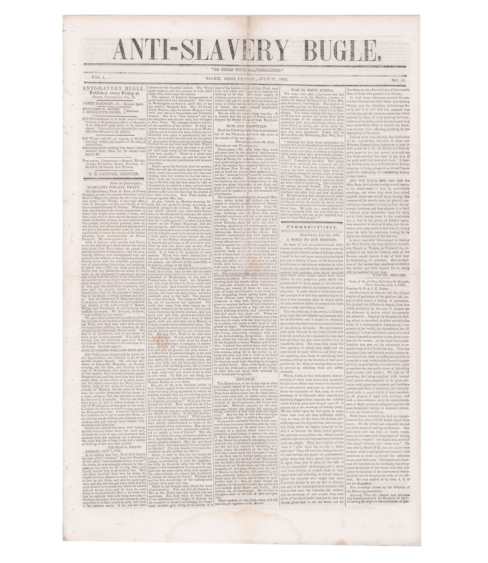 1846 Issue of the "Anti-Slavery Bugle", Princeton Riot, Slavery, Etc. (1 of 4)