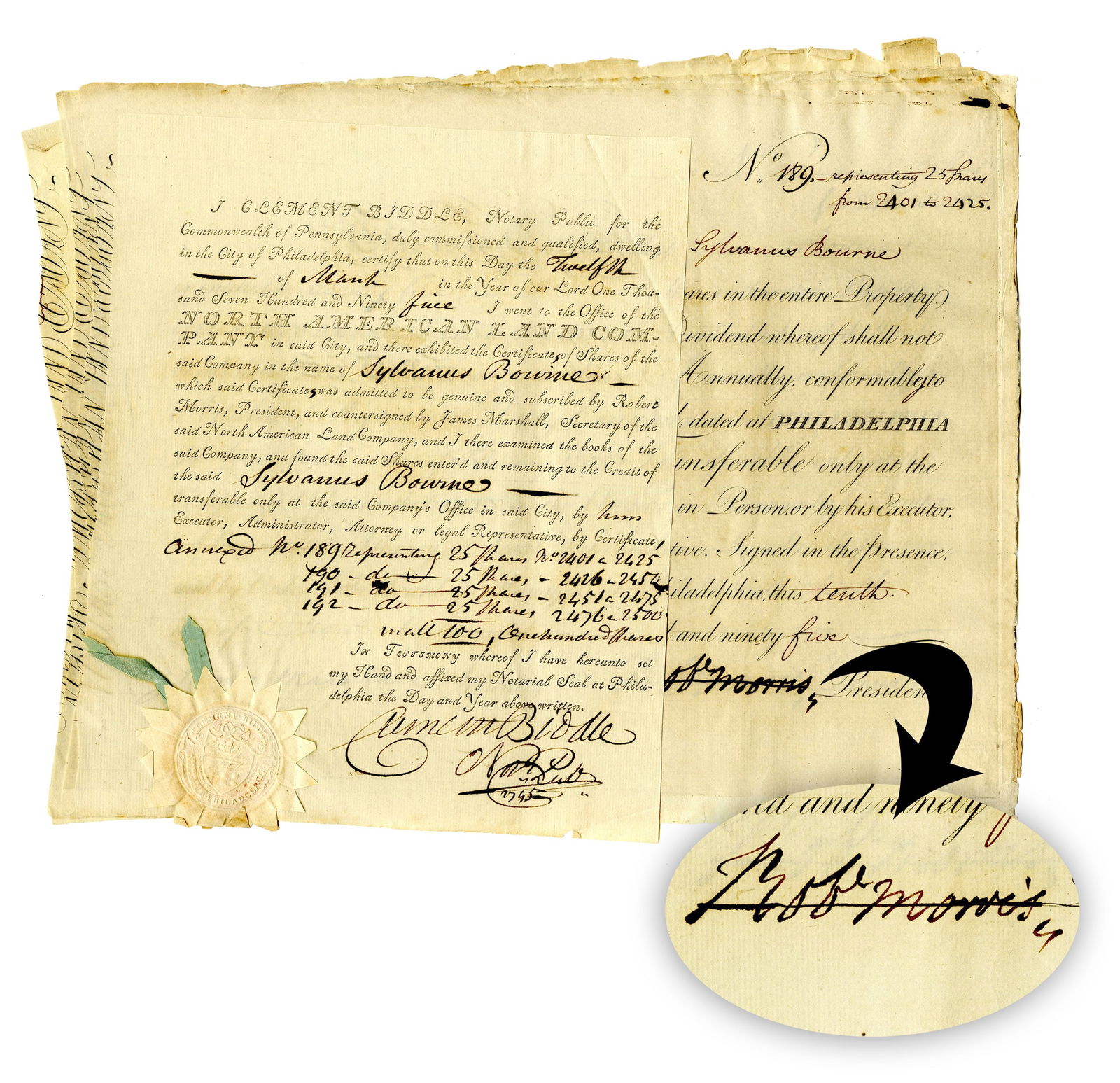 Robert Morris Signs Four Stock Certificates 3 Years Before Debtor’s Prison: Robert Morris Signs Four Stock Certificates 3 Years Before Debtor’s Prison A group of four signed stock certificates signed by Revolution financier, Robert Morris, bound together with a Notary Publi