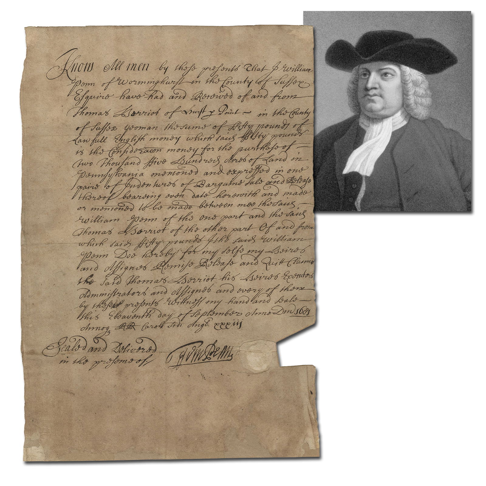 William Penn Deeds Land to Fellow Quaker in 1681 (1 of 5)