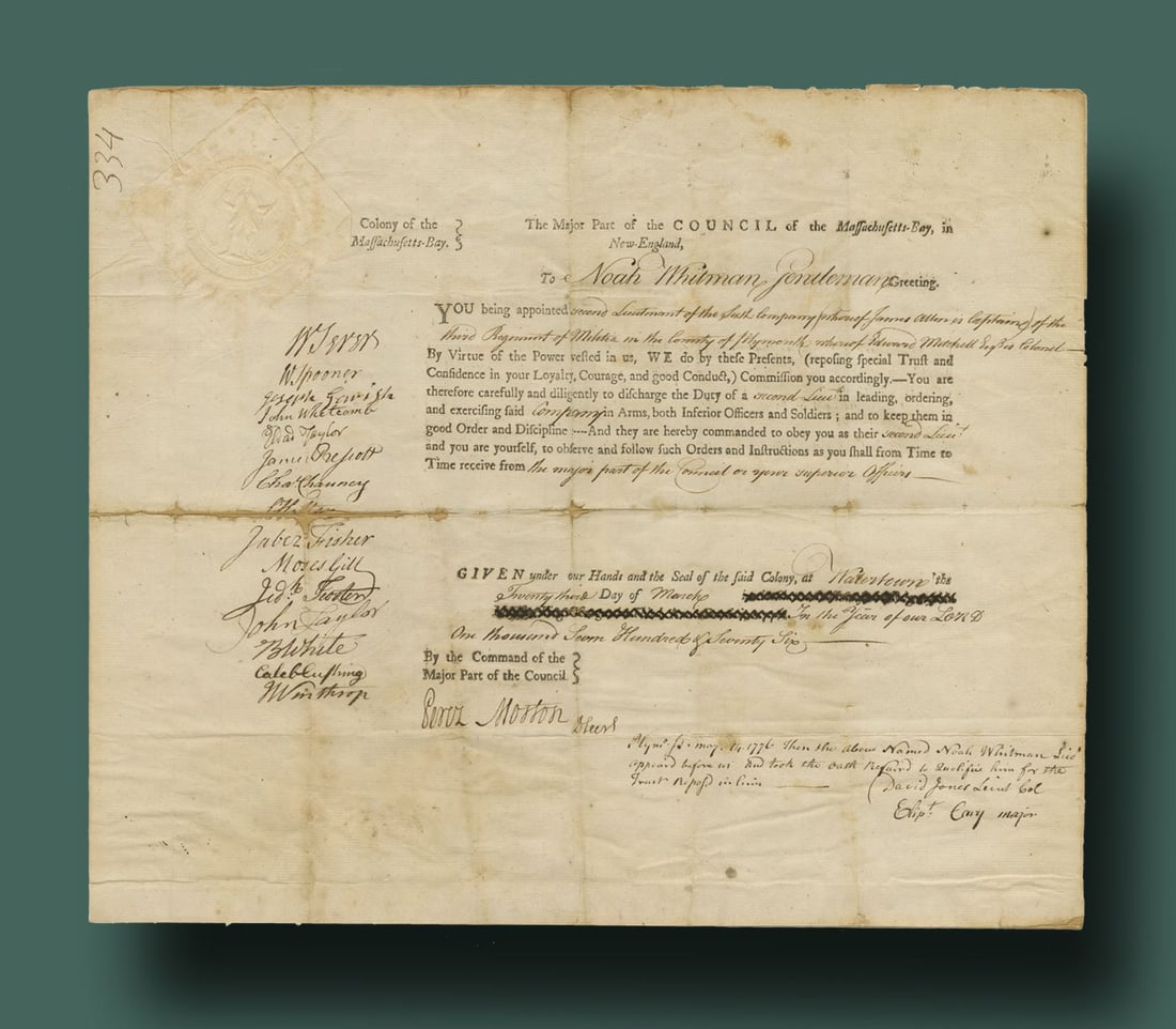 1776 Massachusetts Bay Military Commission Signed By Many: 1776 Massachusetts Bay Military Commission Signed By Many Printed Document Signed by 15 members of the Council of Massachusetts-Bay (including W. Spooner, Charles Chauncey, John Taylor, John Whetcomb,