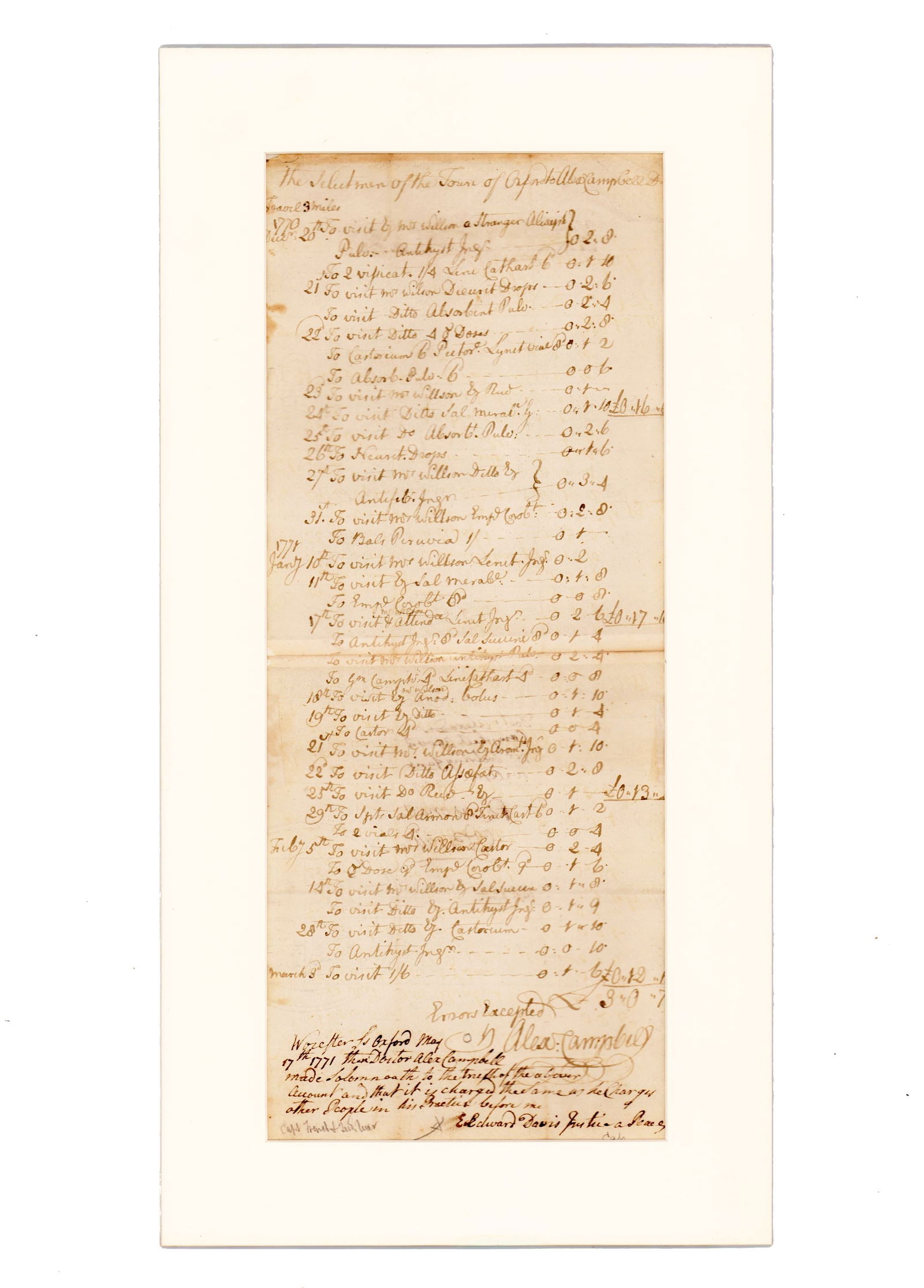 Rev War Dr. Alexander Campbell Signed Ledger for Patient Costs: [Rev War] Dr. Alexander Campbell Signed Ledger for Patient Costs A signed accounting ledger signed by Dr. Alexander Campbell for payments received for "doctoring Jane Wilson." 1p, measuring 6" x 15",