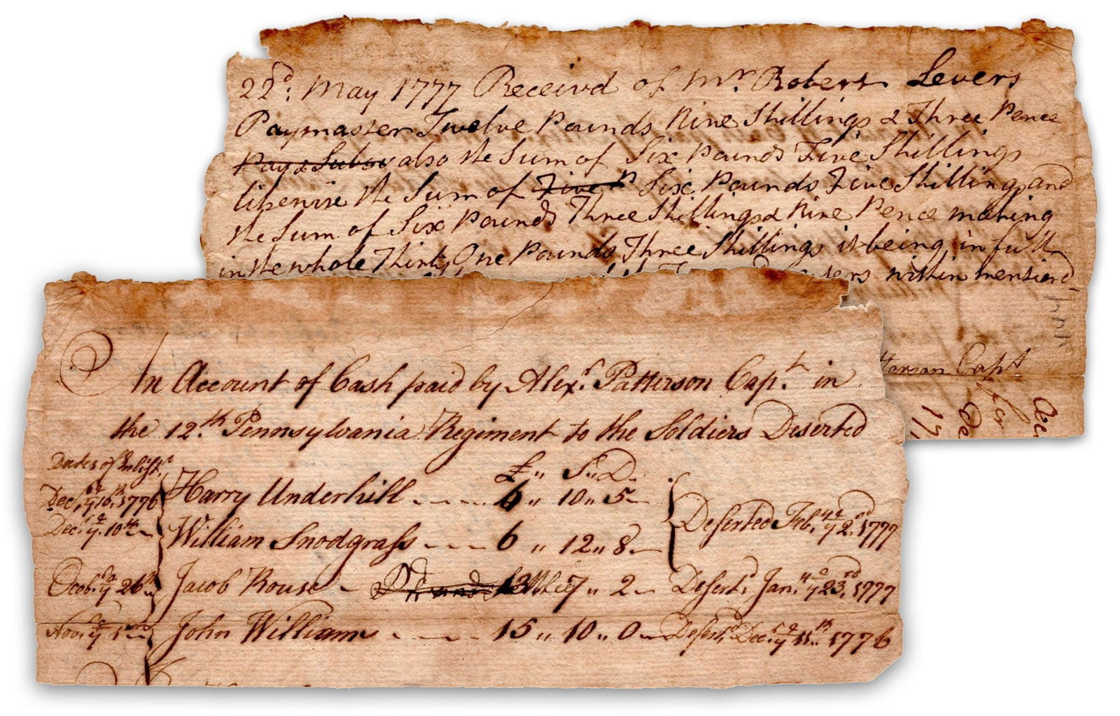 Revolutionary War Captain Who Was Active in Yankee-Pennamite Wars Before and After the War: Revolutionary War Captain Who Was Active in Yankee-Pennamite Wars Before and After the War Acknowledges Payment of Deserters This compound document includes a list of four deserters from the 12th Penn