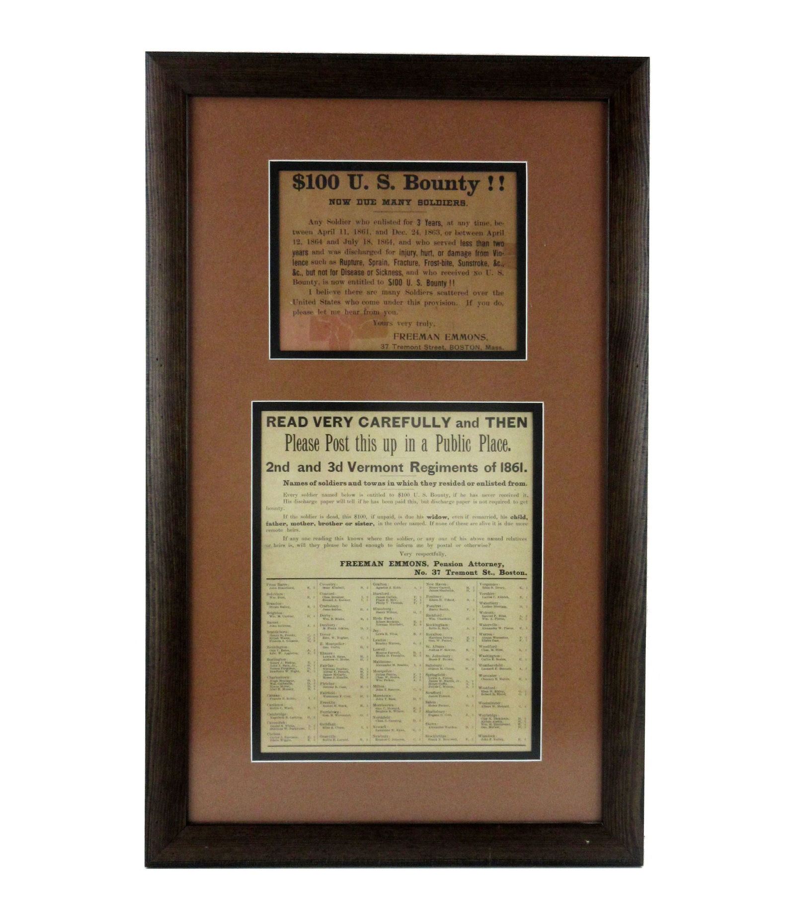 Two Boston Broadsides for $100 Bounties Due to Civil War Veterans (1 of 3)