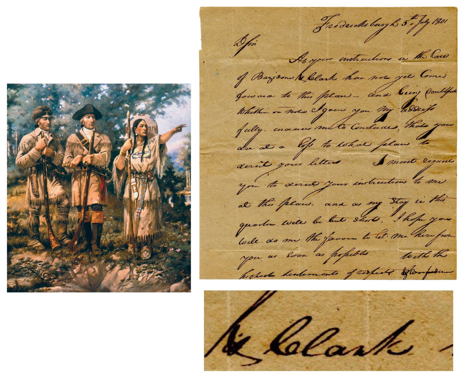 Lewis & Clark: William Clark ALS Signed In Text. An Extreme Rarity!: Lewis & Clark: William Clark ALS Signed In Text. An Extreme Rarity! ALS, 6.5" x 7", dated July 5, 1801, Fredericksburg, VA, written to Clark's attorney "John Thompson Mason" regarding the ca