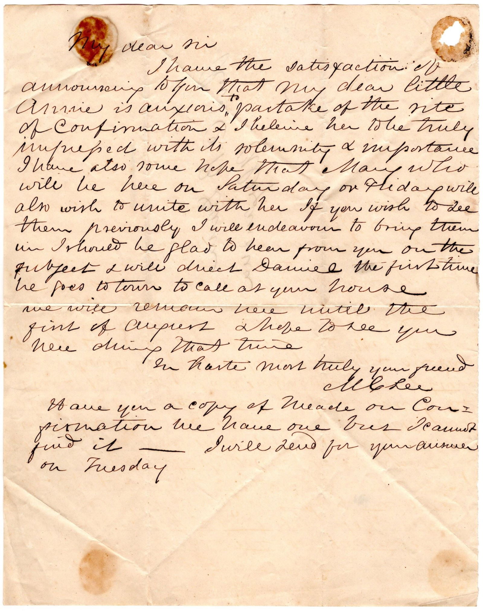 Robert E. Lee's Wife Writes Her Pastor About Confirmation for Daughter; Mentions His Slave Daniel (1 of 2)