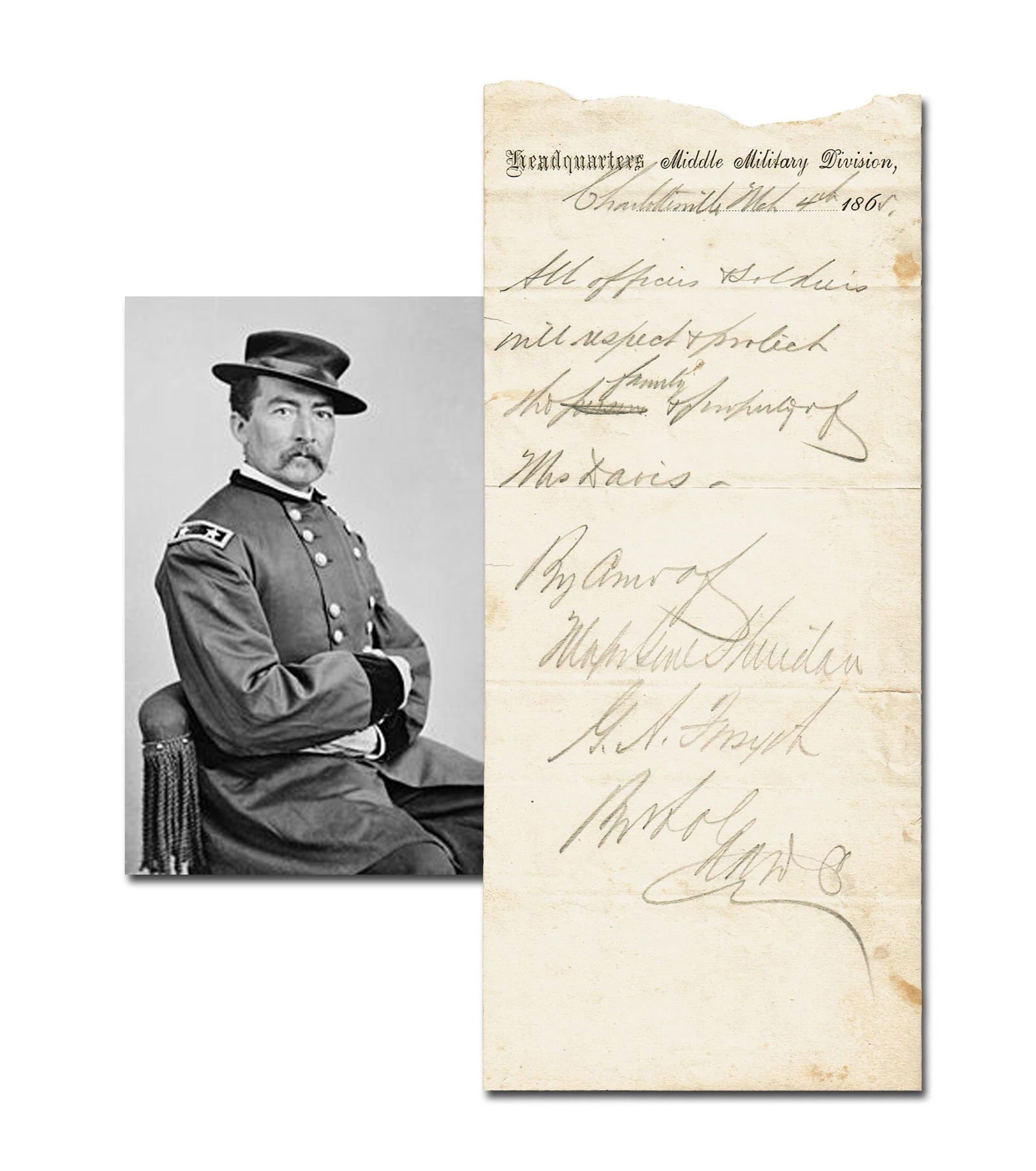 Order by General of the Army Philip Sheridan to "respect the family & property of Mrs. Davis" (1 of 3)