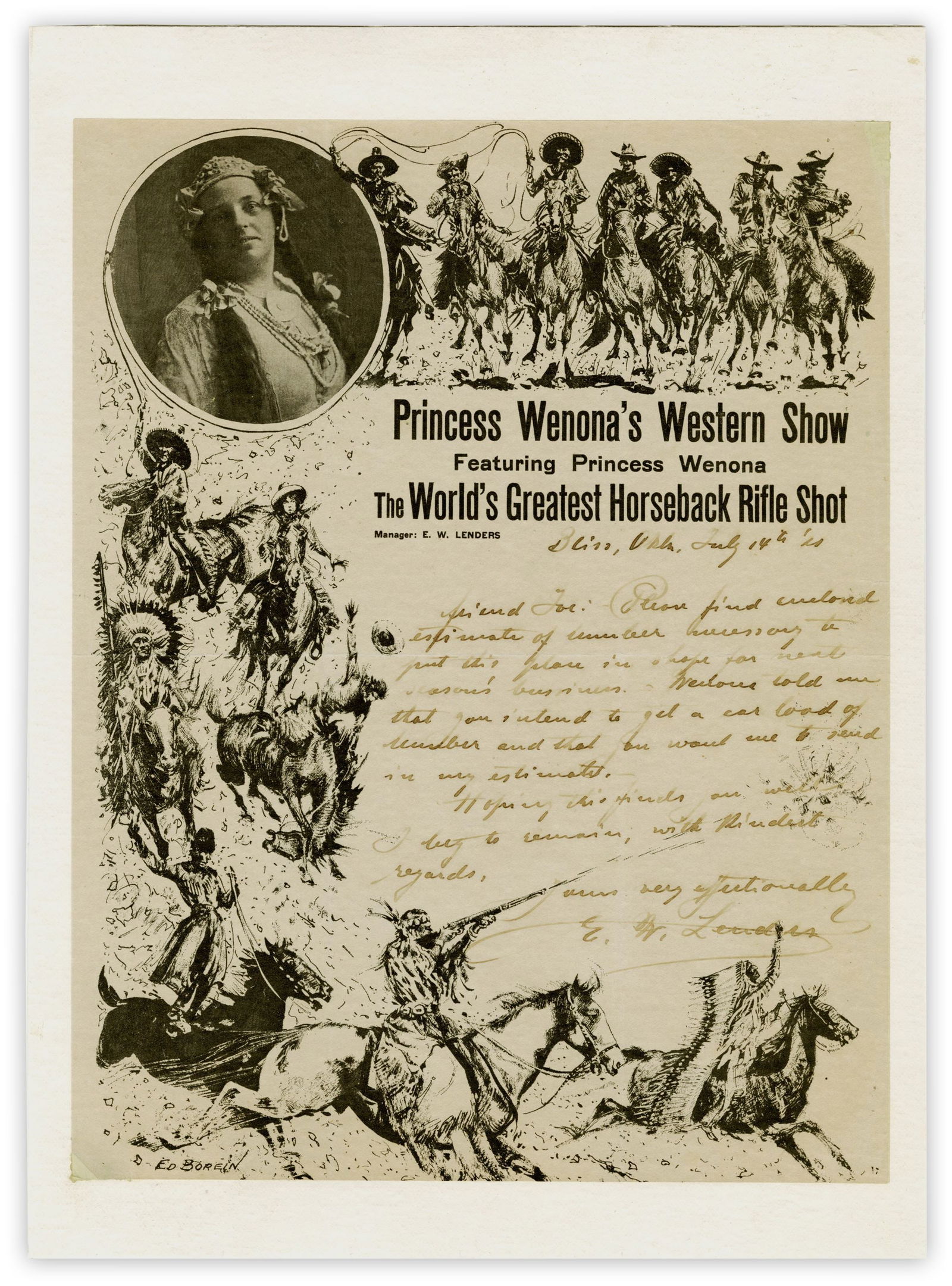 Old West Artist Emil Lenders ALS on "Princess Wenona" Stationary, Sharpshooting Rival to Annie: Old West Artist Emil Lenders ALS on "Princess Wenona" Stationary, Sharpshooting Rival to Annie Oakley ALS, 1p, measuring 8.5" x 11", dated July 14, 1911, Bliss, OK. A letter from notable old west arti
