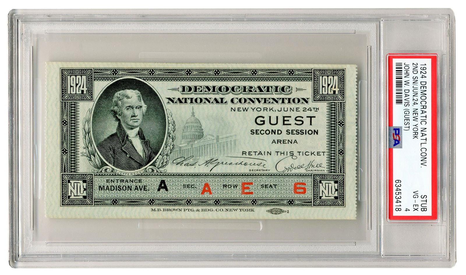 1924 Democratic National Convention Ticket, PSA Slabbed & Graded (1 of 2)