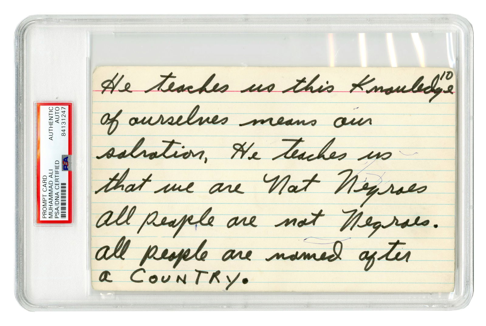 Muhammad Ali Handwritten Prompt Card: "…we are not negroes", PSA Authenticated (1 of 2)