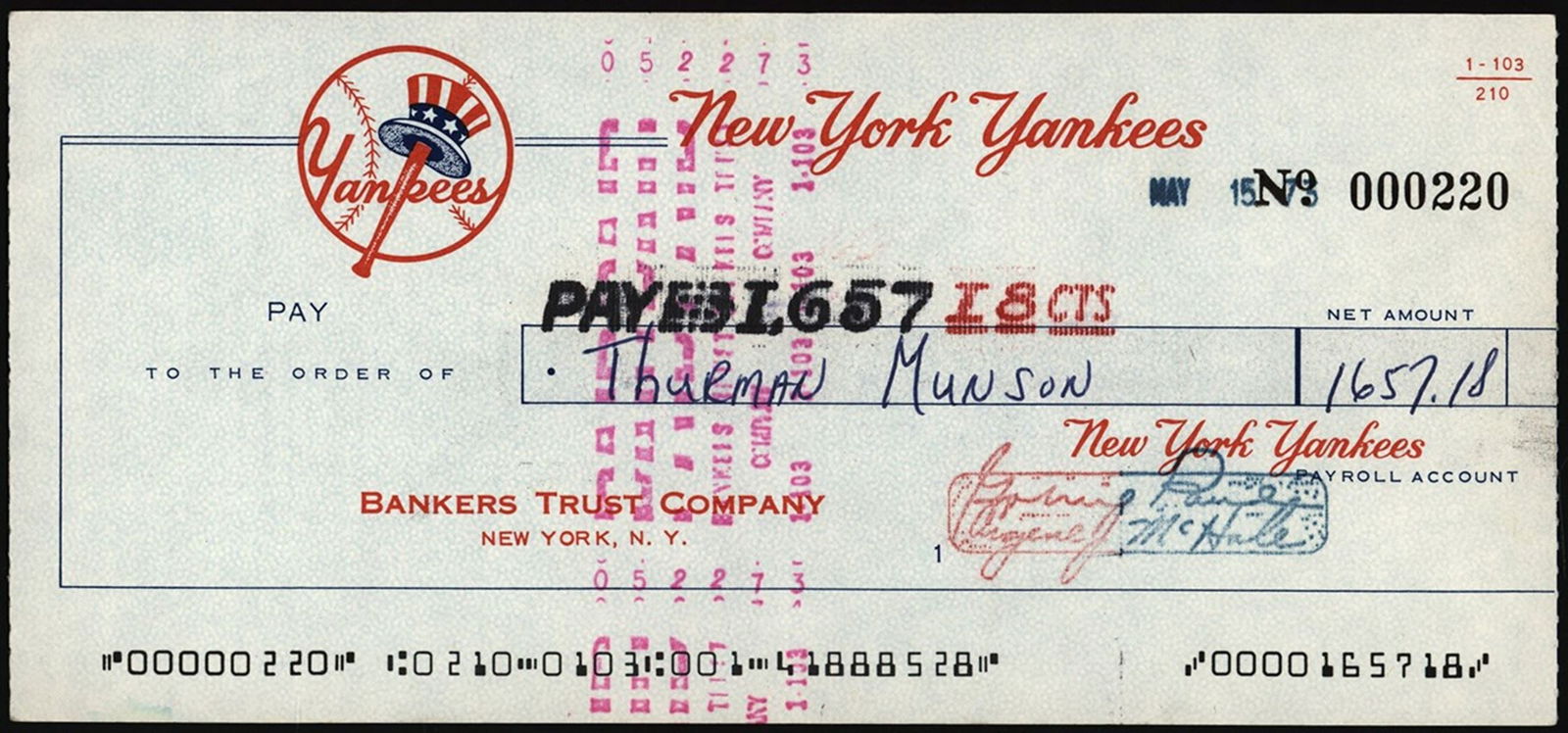 Thurman Munson's Yankee Payroll Paycheck Auction