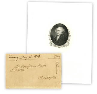 John Adams Free Frank to Fellow Signer Benjamin Rush: John Adams Free Frank to Fellow Signer Benjamin Rush Free Frank, 1p, measuring 12" x 7.5" (unfolded), dated May 14, 1810, Quincy, MA. A transmittal envelope hand addressed by former President John