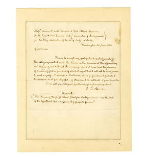 JQ Adams 4th of July Statement "Concord the scene of the first bloodshed for Independence": JQ Adams 4th of July Statement "Concord the scene of the first bloodshed for Independence" John Quincy Adams autograph letter signed in which he declines a 4th of July celebration invitation but