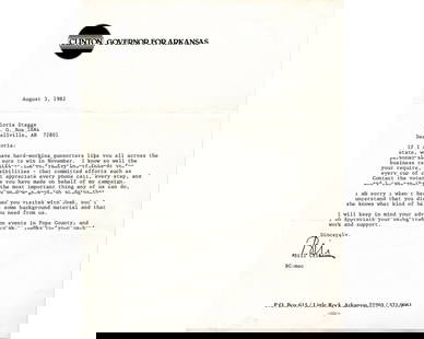 Bill Clinton TLS "we're sure to win in November.": Bill Clinton TLS "we're sure to win in November." TLS, 8.5" x 11", Little Rock, Arkansas, dated August 3, 1982, and written on "Clinton, Governor for Arkansas" stationary and addressed to Gloria