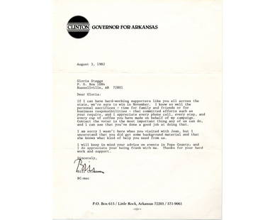 Bill Clinton TLS "we're sure to win in November.": Bill Clinton TLS "we're sure to win in November." TLS, 8.5" x 11", Little Rock, Arkansas, dated August 3, 1982, and written on "Clinton, Governor for Arkansas" stationary and addressed to Gloria