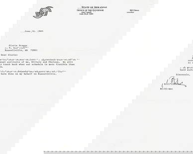 Bill Clinton on an "offer to do casual portraits of me, Hillary and Chelsea.": Bill Clinton on an "offer to do casual portraits of me, Hillary and Chelsea." TLS, 8.5" x 11", Little Rock, Arkansas, dated June 16, 1983, written on "State of Arkansas, Office of the Governor"