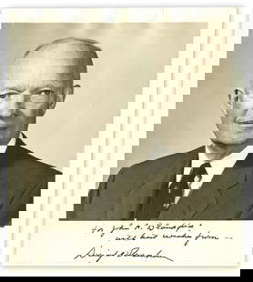 Dwight D. Eisenhower Boldy Signed Photo w/ Beckett Cert: Dwight D. Eisenhower Boldy Signed Photo w/ Beckett Cert A signed portrait photo depicting 34th President Dwight Eisenhower, inscribed to naval Colonel John R. Blandford (1919-2000). 1p, measuring 8"