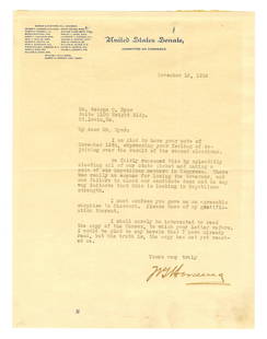 Warren Harding TLS as Senator Re: Election of 1918: Warren Harding TLS as Senator Re: Election of 1918 TLS, 1p, measuring 8" x 10.5", dated November 16, 1918, Washington, D.C. A letter from then-Ohio senator Warren G. Harding to one George C. Dyer of