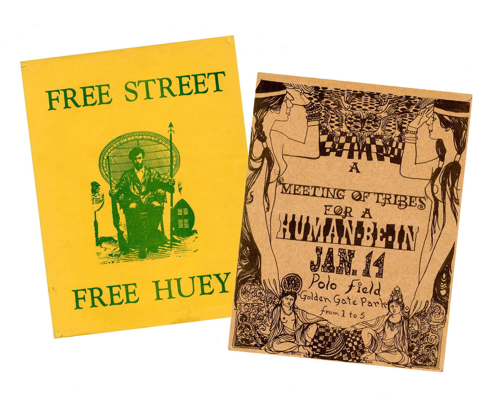 2 Late 1960s Pamphlets: Summer of Love Hippie Concert and "Free Huey": 2 Late 1960s Pamphlets: Summer of Love Hippie Concert and "Free Huey" A pair of late 1960s handbills, one advertising a concert and the other calling for the release of Black Panther Huey Newton. Both