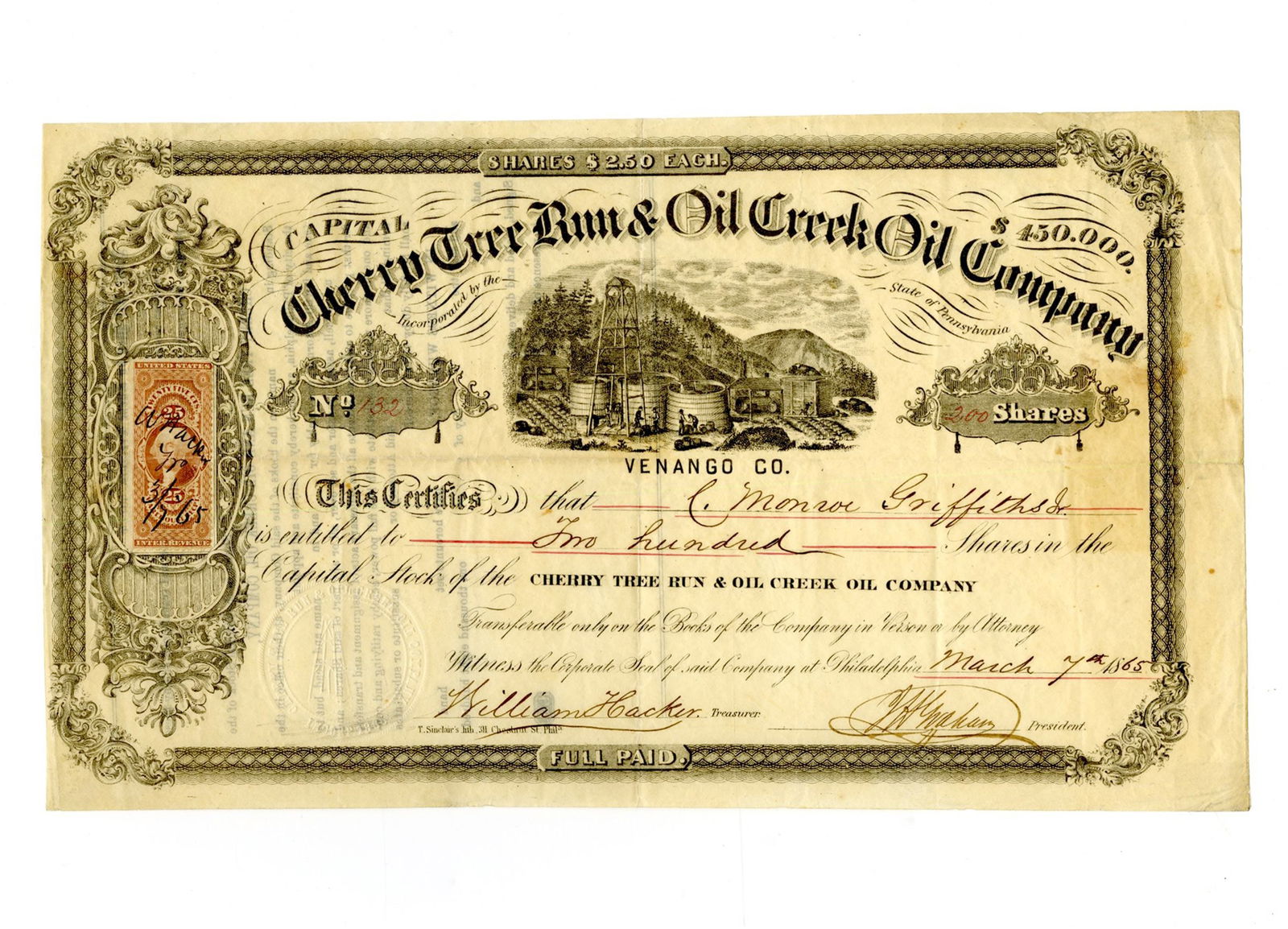 1865 Cherry Tree Run & Oil Creek Oil Company 200 Share Stock