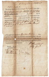 Washington's Attorney Gen. William Bradford Signed Court Document: Washington's Attorney Gen. William Bradford Signed Court Document Partially Printed Document Signed, "Wm. Bradford jr", as Attorney General of Pennsylvania, 1p, measuring 8.25" x 13", Bedford County,